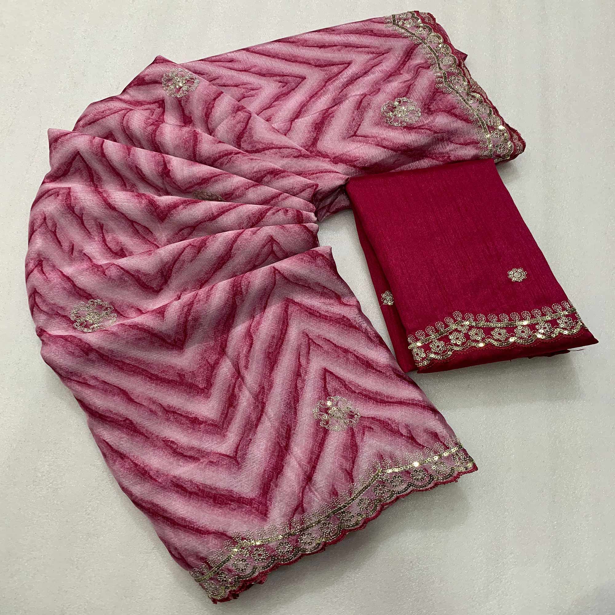Peachmode Magenta Leheriya Printed With Sequins Embroidered Chinon Saree