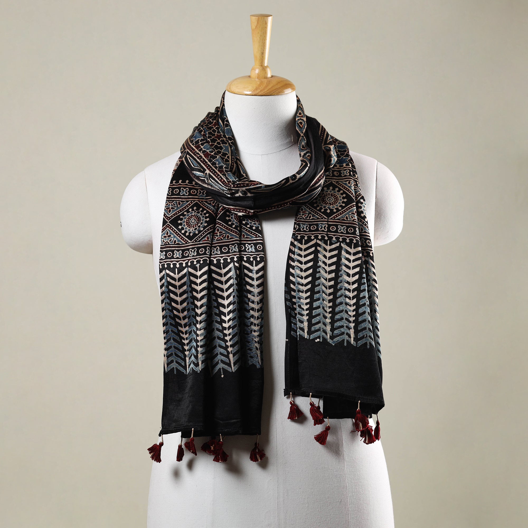 RIYAZ ABDULMAJID KHATRI - AJRAKH Black - Ajrakh Hand Block Printed Mashru Silk Stole with Tassels