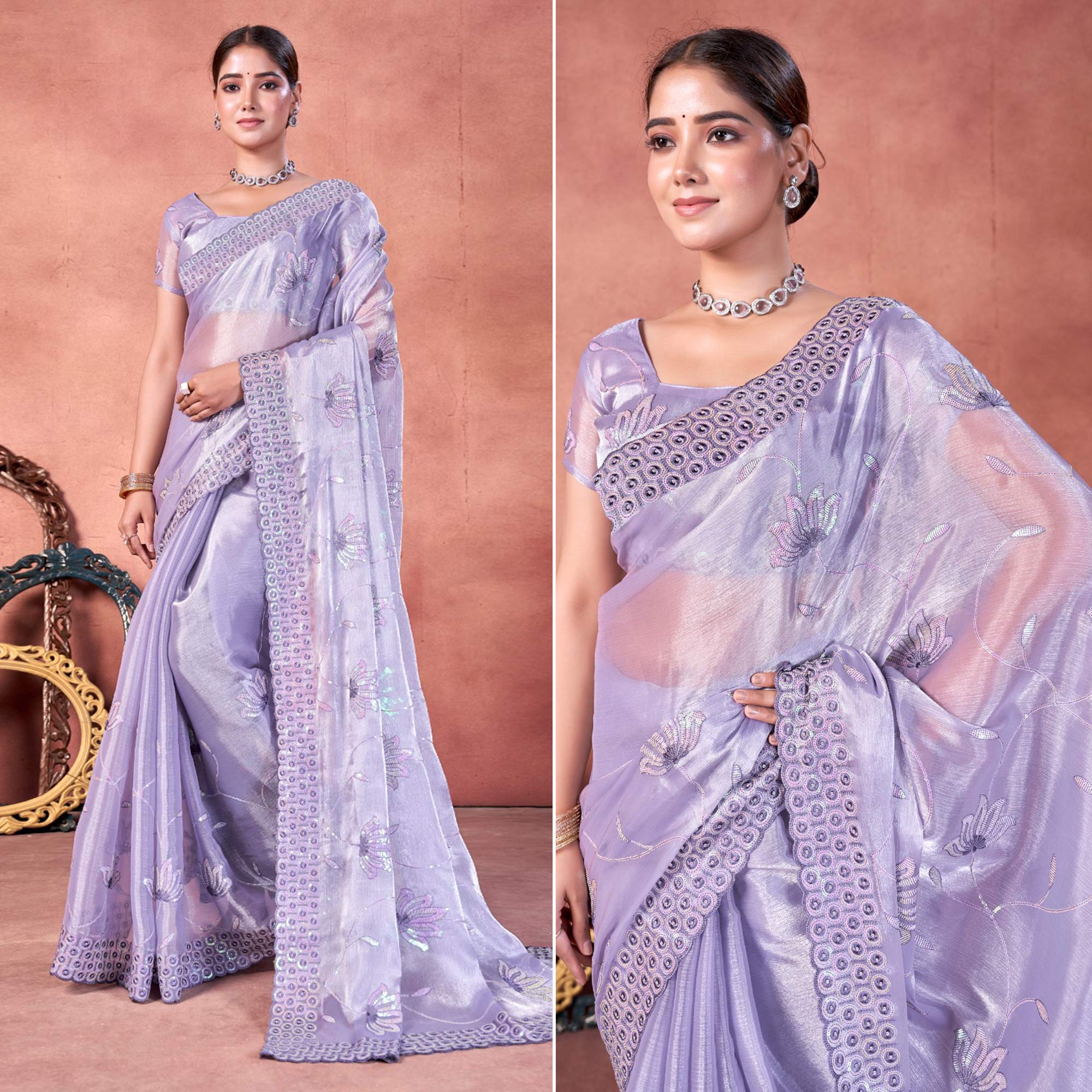 Peachmode Lavender Floral Sequins Embroidered chiffon Saree