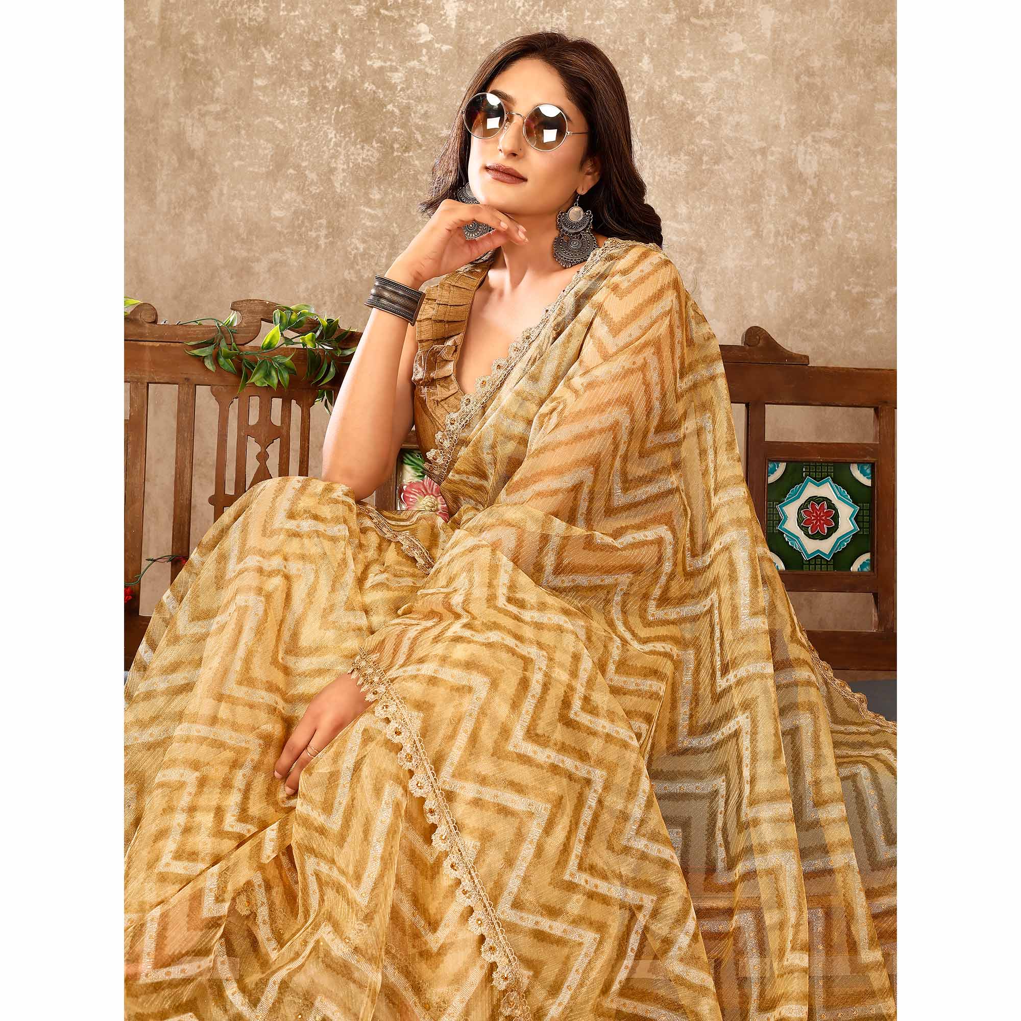 Peachmode Seller Chikoo Zig Zag Printed With Stone Work Organza Ready To Wear Saree - view 7
