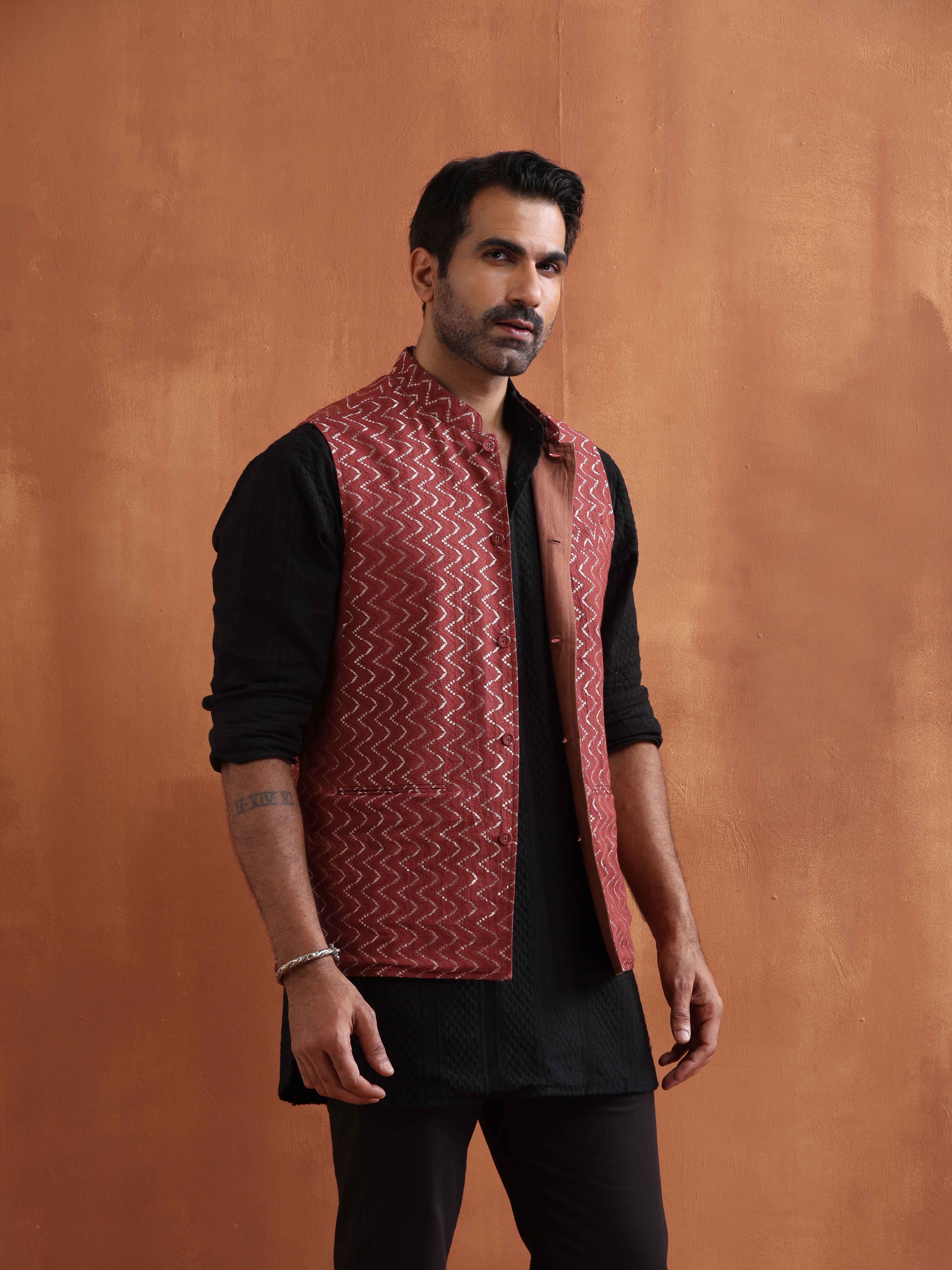trueBrowns Men's Rust Cotton Dobby Nehru Jacket - view 3