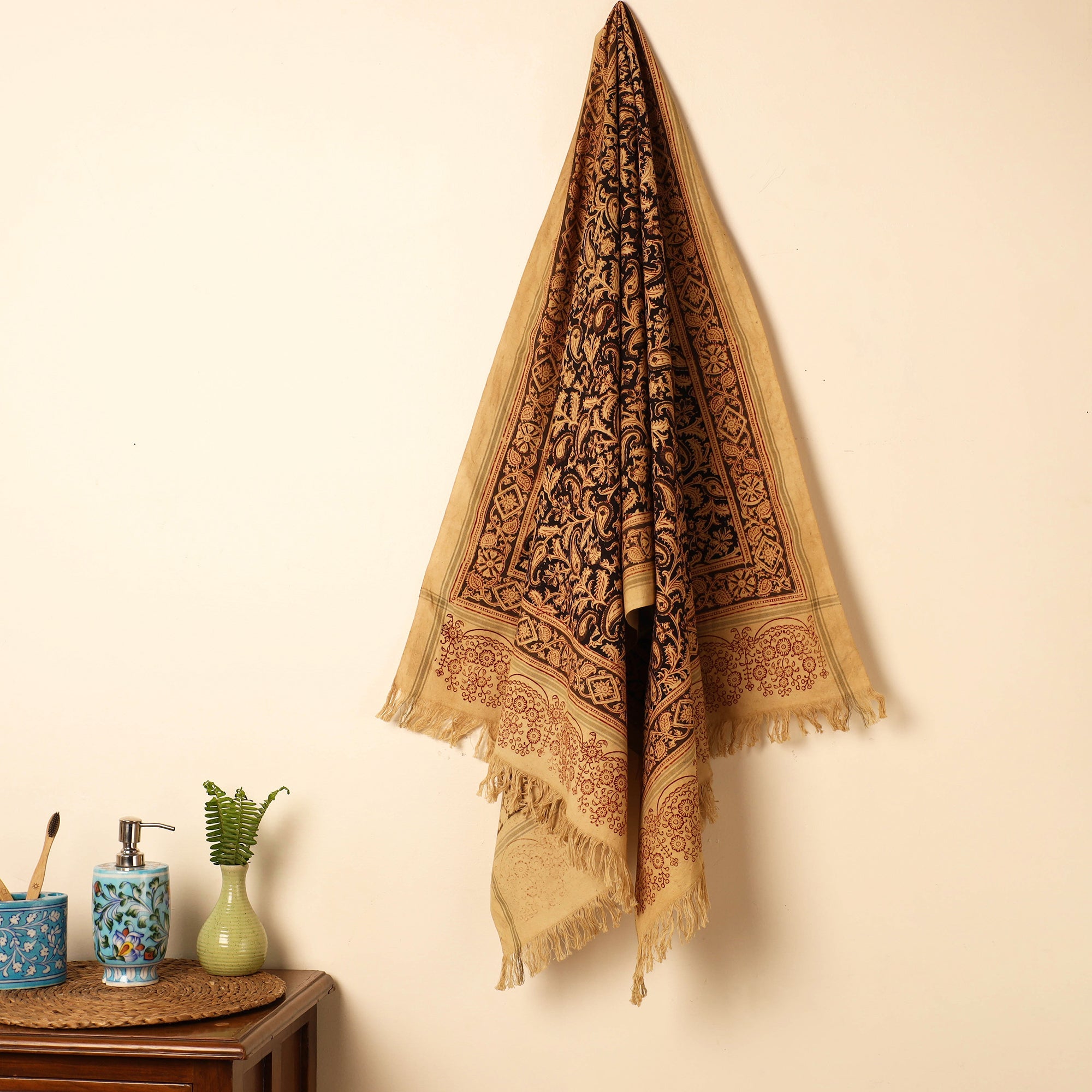 PITCHUKA SRINIVAS KALAMKARI PEDANA Beige - Handloom Cotton Block Printed Pedana Kalamkari Towel 15