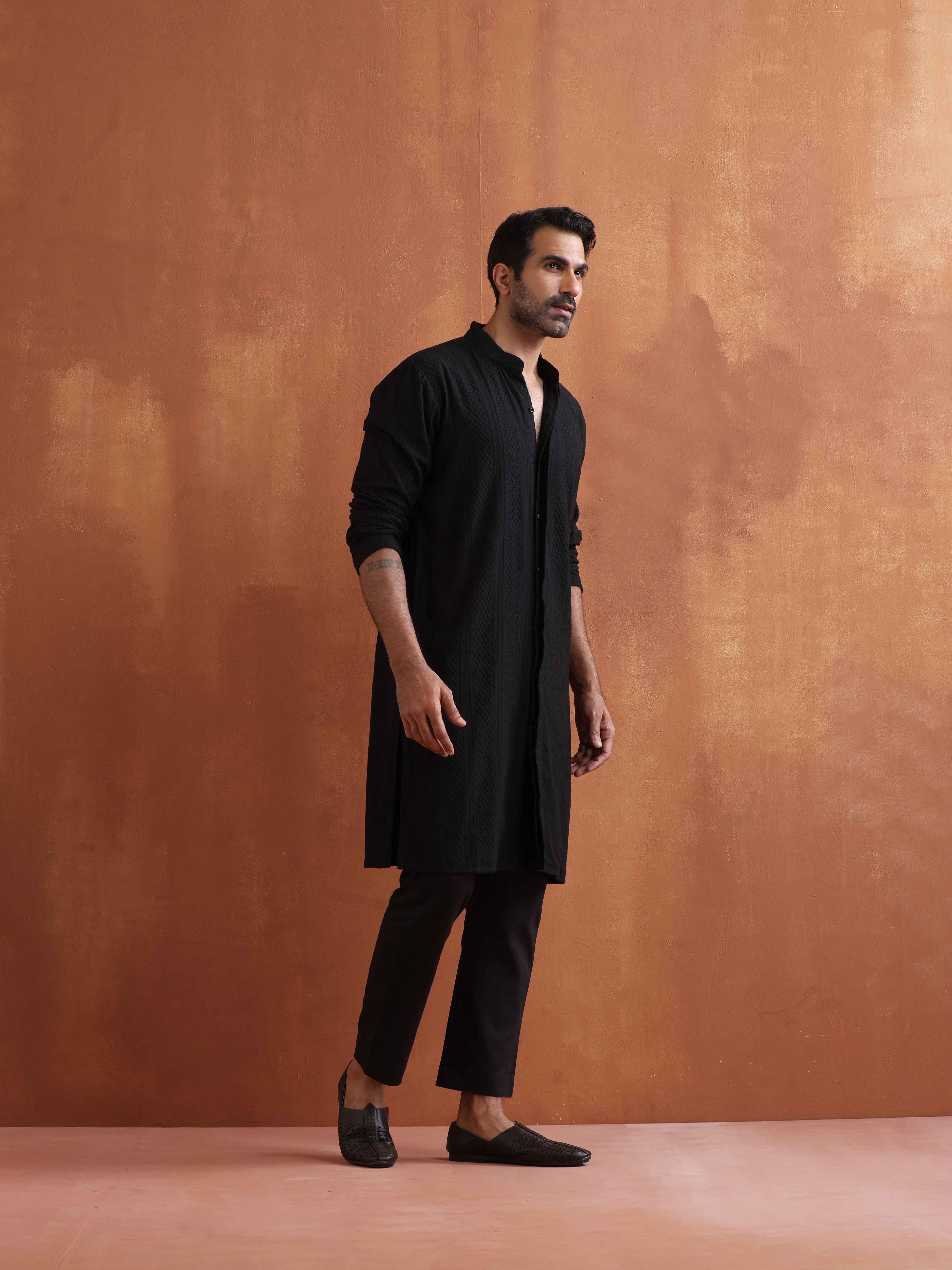 trueBrowns Men's Black Textured Cotton Dobby Front Open Kurta - view 2