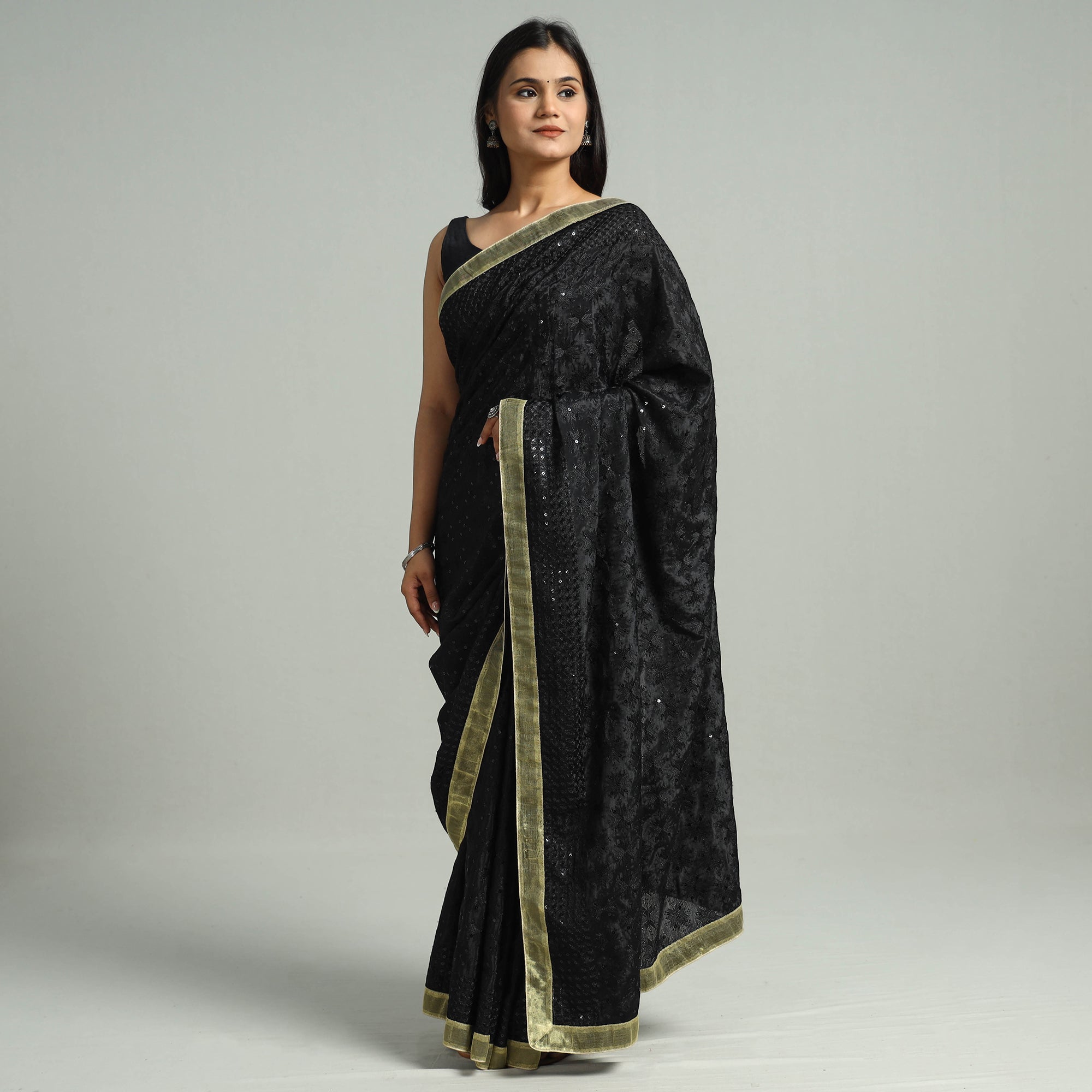 ITOKRI CRAFTS INITIATIVE Black - Phulkari Heavy Embroidery Chiffon Saree 15