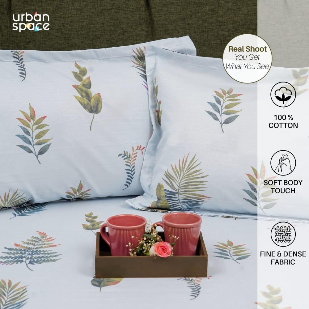 Urban Space -Home Furnishing Store Serene Collection - Breathable 200 TC 100% Pure Cotton Bedsheet with Pillow Cover, Fall Leaves - Blue - view 3