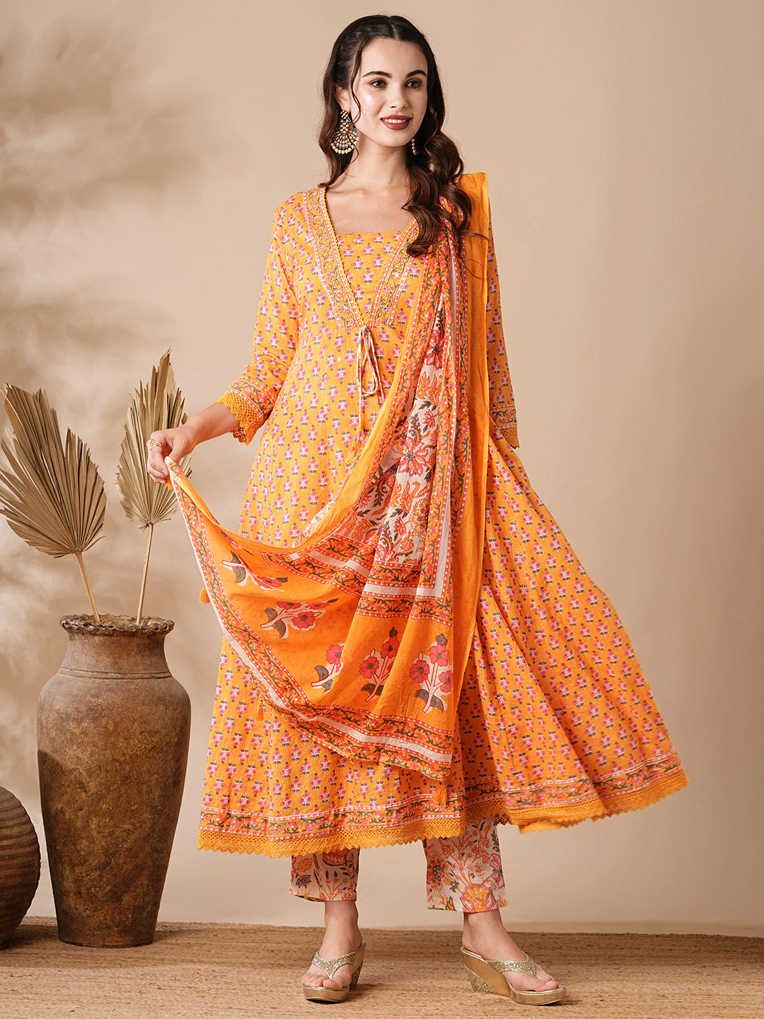 Floral printed beads – Fashor Floral Printed & Beads Embroidered Anarkali with Pant & Pure Cotton Dupatta - Yellow