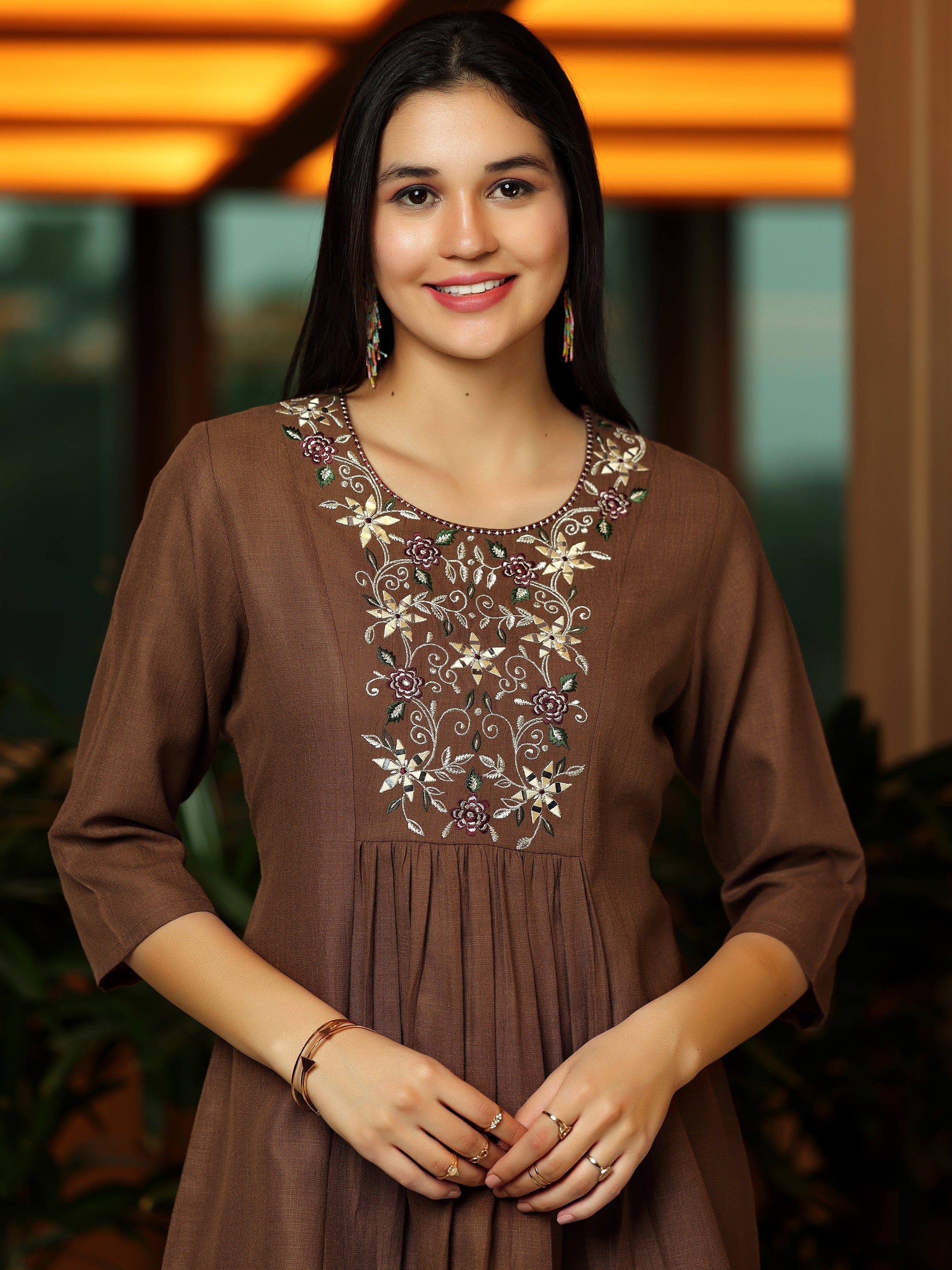 Libas Brown Yoke Design Cotton Blend A-Line Kurti - view 4