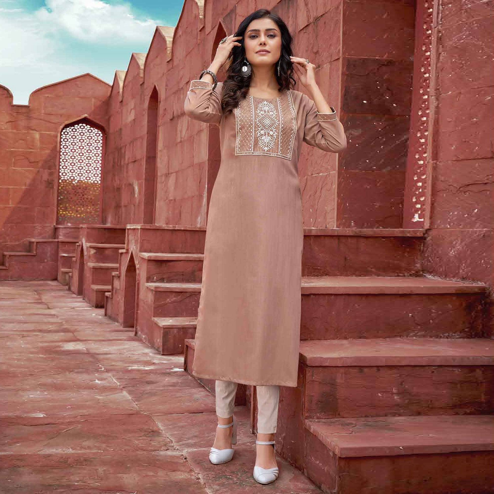 Peachmode Brown Floral Embroidered Rayon Kurti - view 2