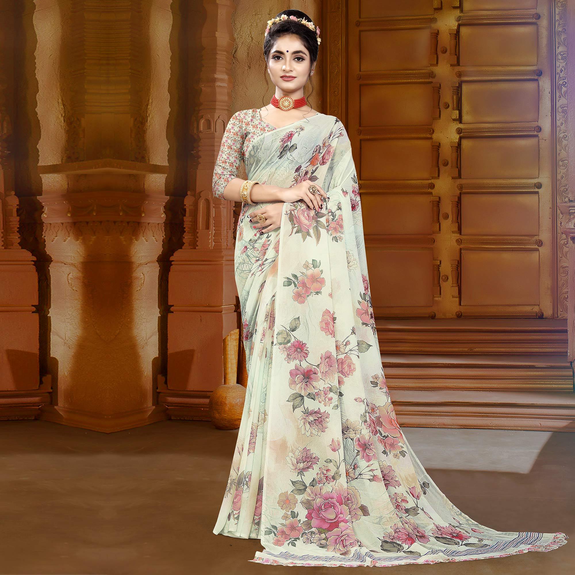 Peachmode Cream Digital Printed Georgette Saree