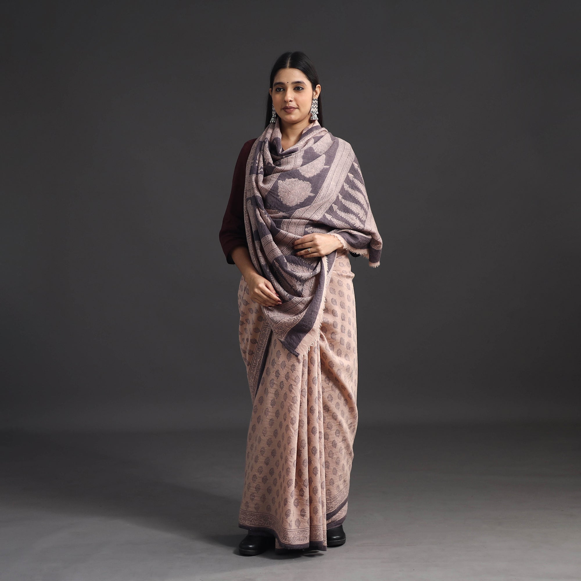 BAGH PRINTS BY UMAR FARUK KHATRI Beige - Handwoven Merino Wool Bagh Block Print Saree 02