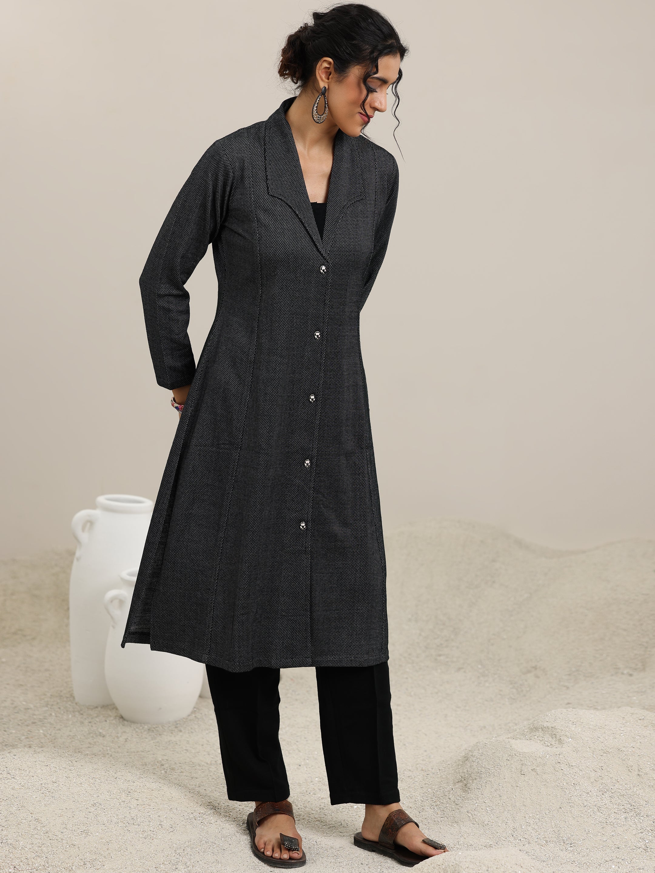 Libas Black Woven Design Wool Straight Kurta - view 2