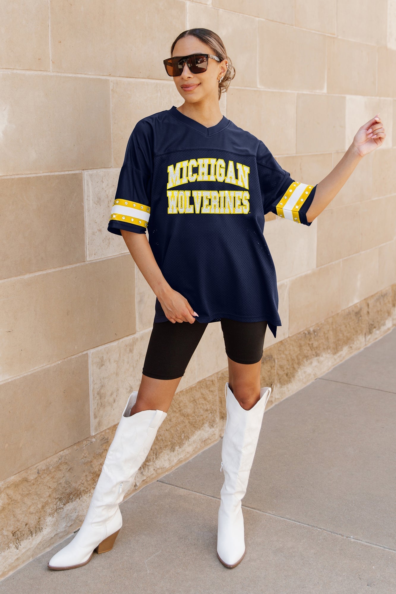 GC Michigan Wolverines Until Kickoff Oversized V-neck Rhinestone-striped Trim Fashion Jersey