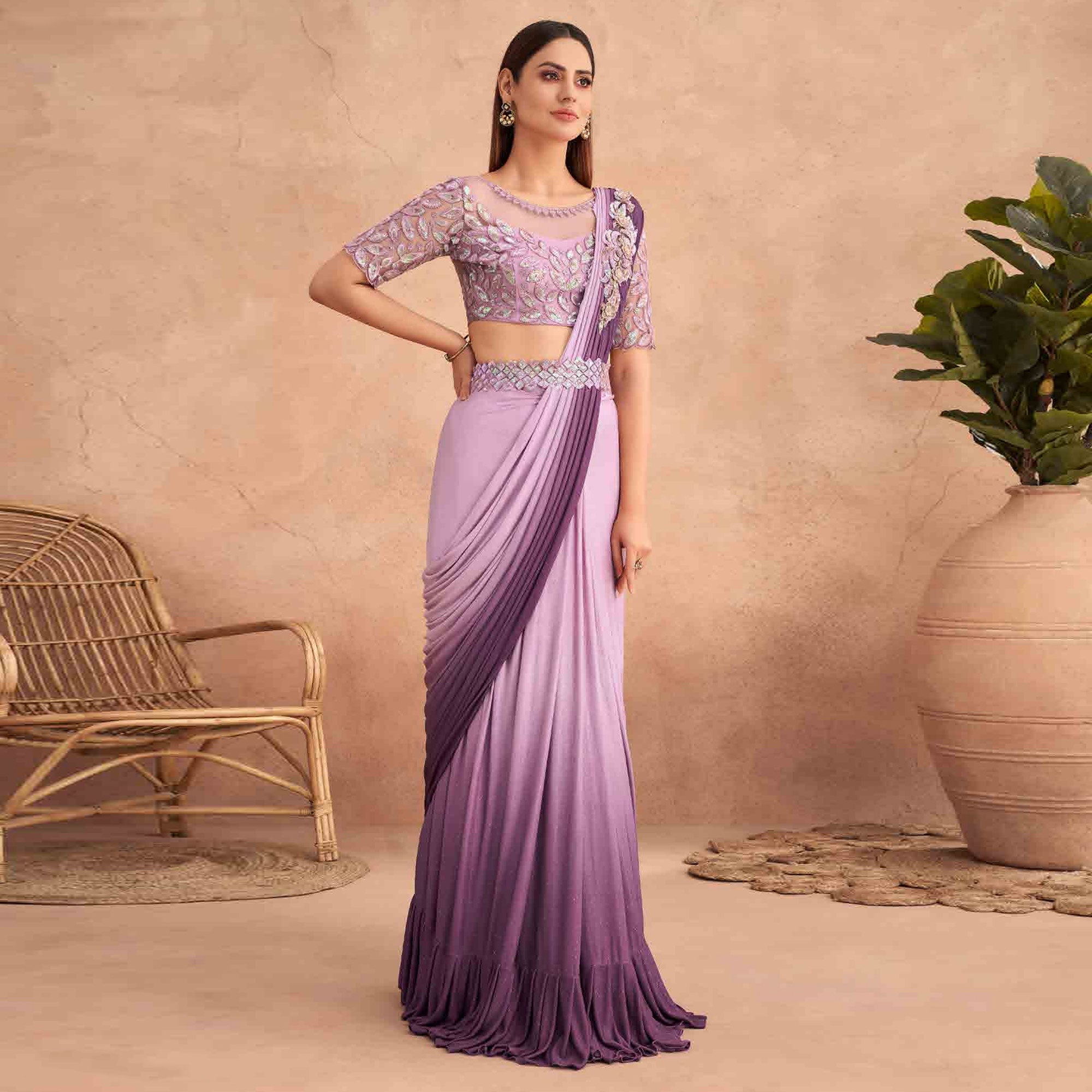 Peachmode Seller Lavender & Purple Sequins Embroidered Ready to Wear Lycra Saree - view 2