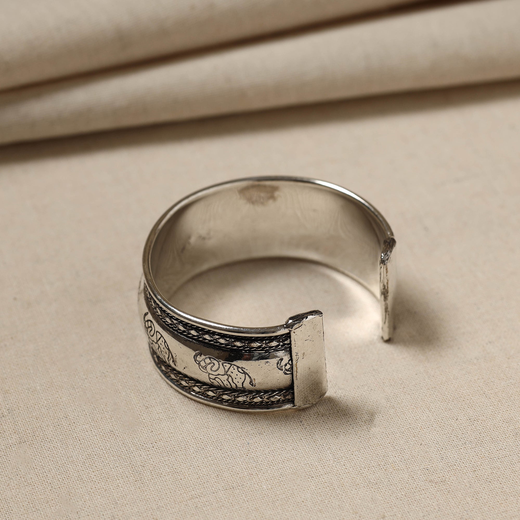 WHITE RIVER STORIES Antique Finish Oxidised German Silver Bangle / Cuff Bracelet (Adjustable)