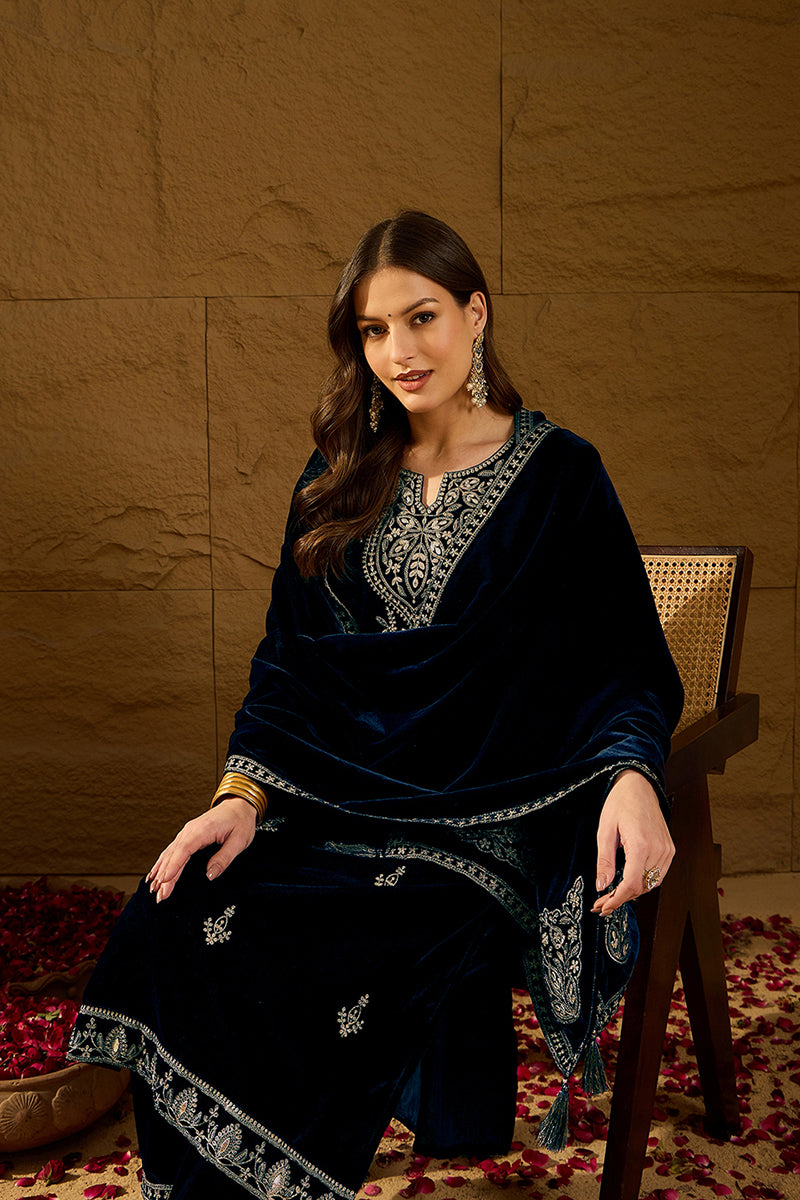 Ahika Navy Blue Velvet Solid Embroidered Straight Trousers Suit Set PKSKD2286