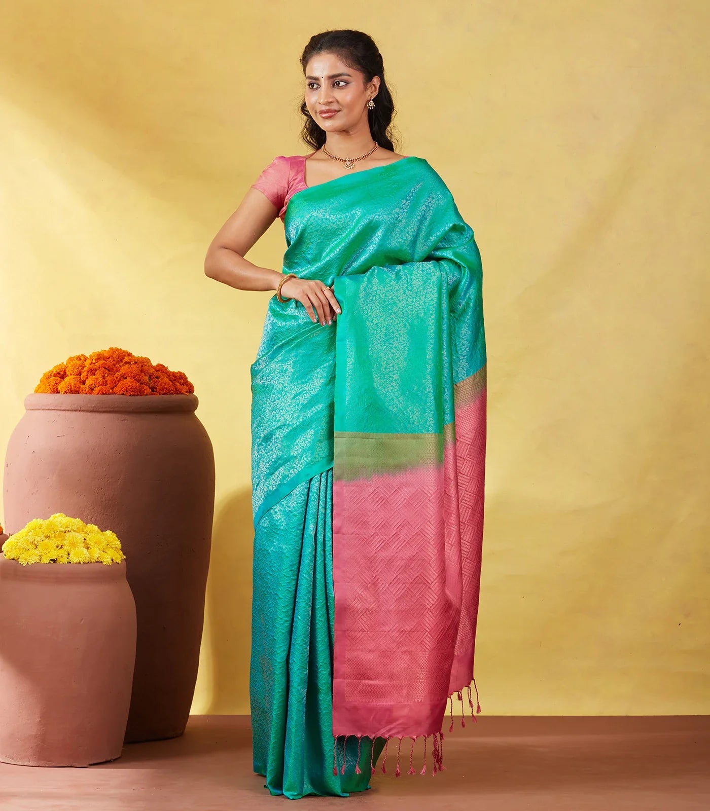 RmKV Aquamarine Soft Silk Saree With Floral Zari Motifs & Contrast Pallu