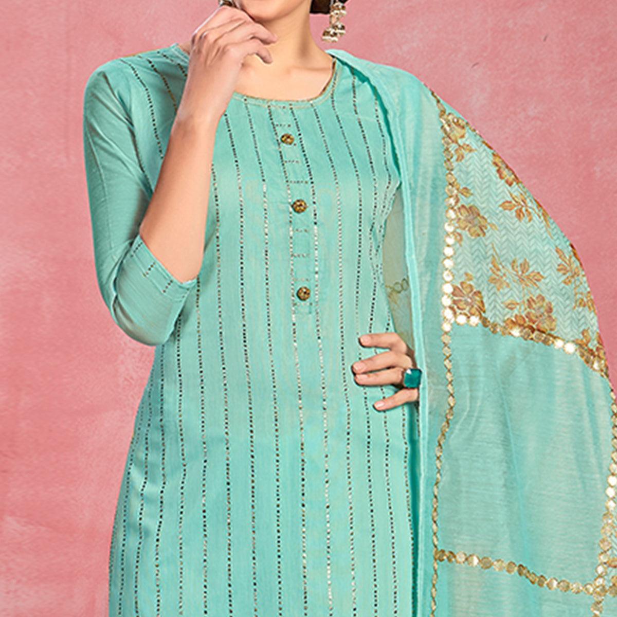 Peachmode Ideal Turquoise Blue Colored Partywear Embroidered Pure Cotton Dress Material - view 2