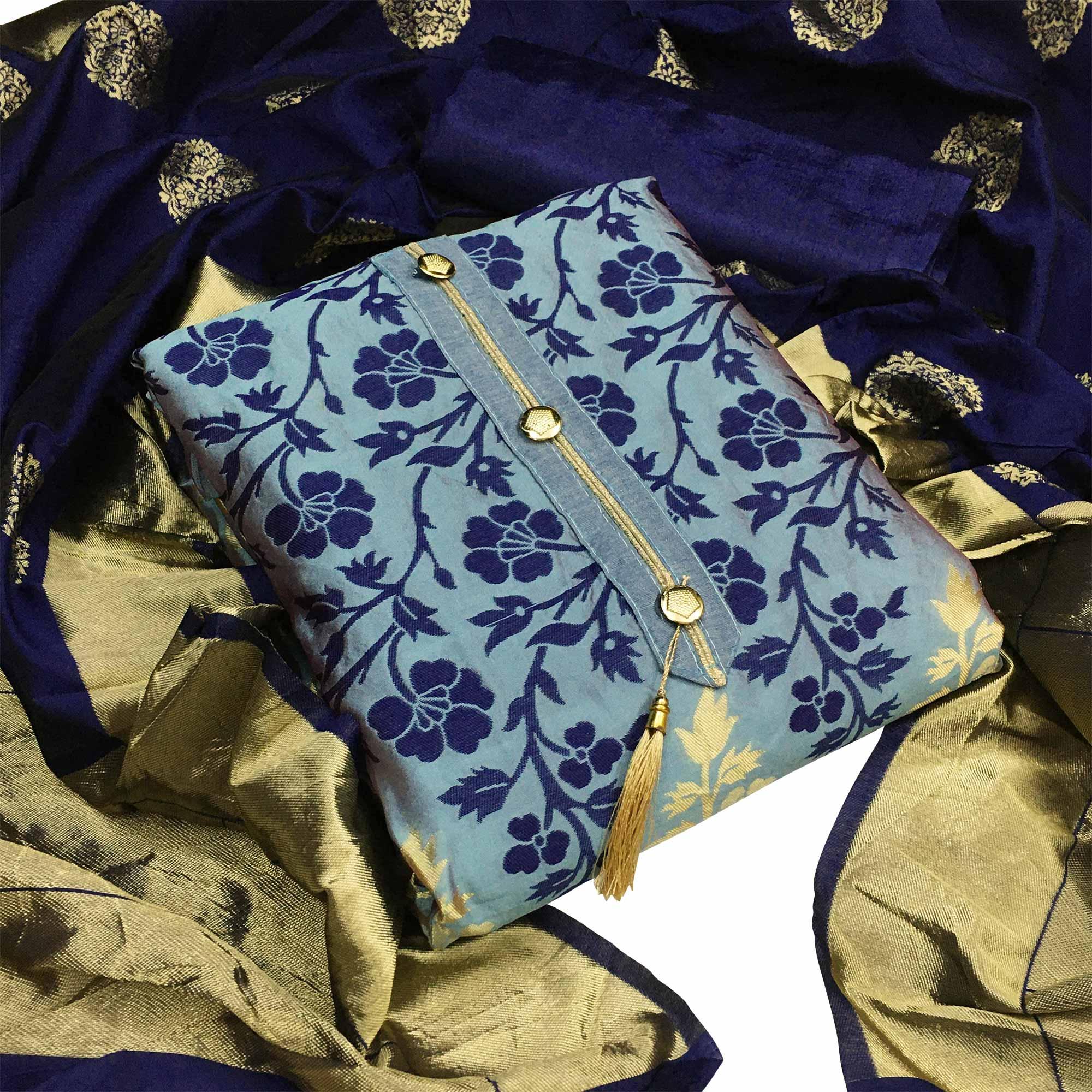Peachmode Flamboyant Blue Colored Festive Wear Woven Heavy Banarasi Silk Dress Material