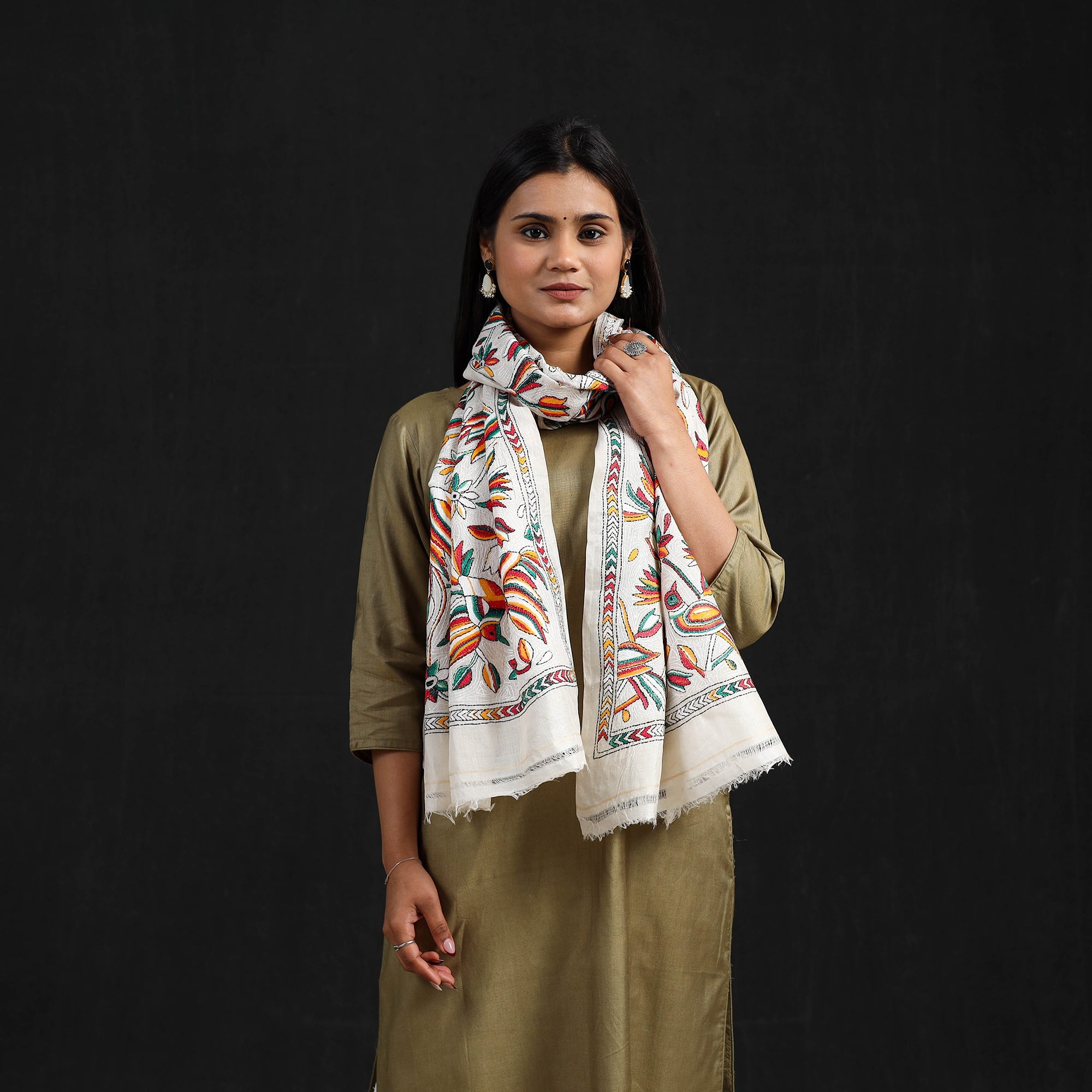 KHUSHBASH - HAPPY LOOM OF EAST Beige - Handloom Tussar Silk Bengal Kantha Work Stole 05 - view 2