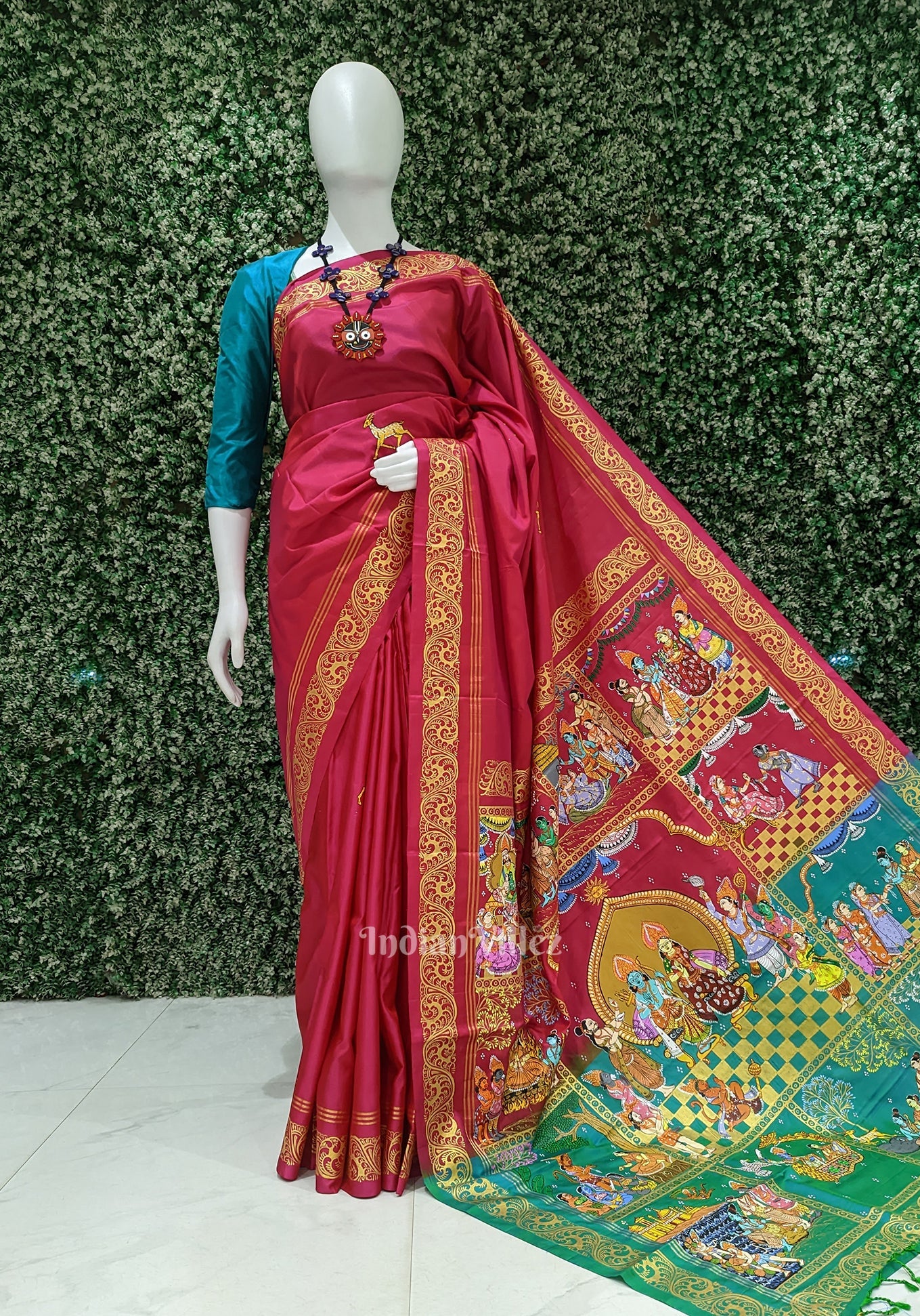 IndianVillèz Red with Sea Green Ramayana Theme Hand-Painted Pattachitra Saree