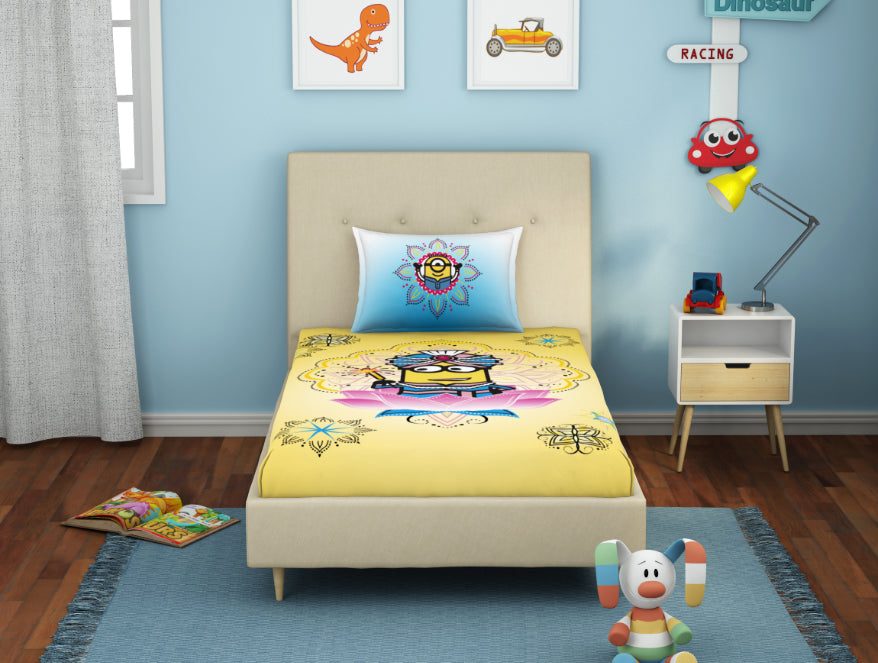 Spaces India Universal Masala Minions Yellow 100% Cotton Single Bedsheet - By Spaces