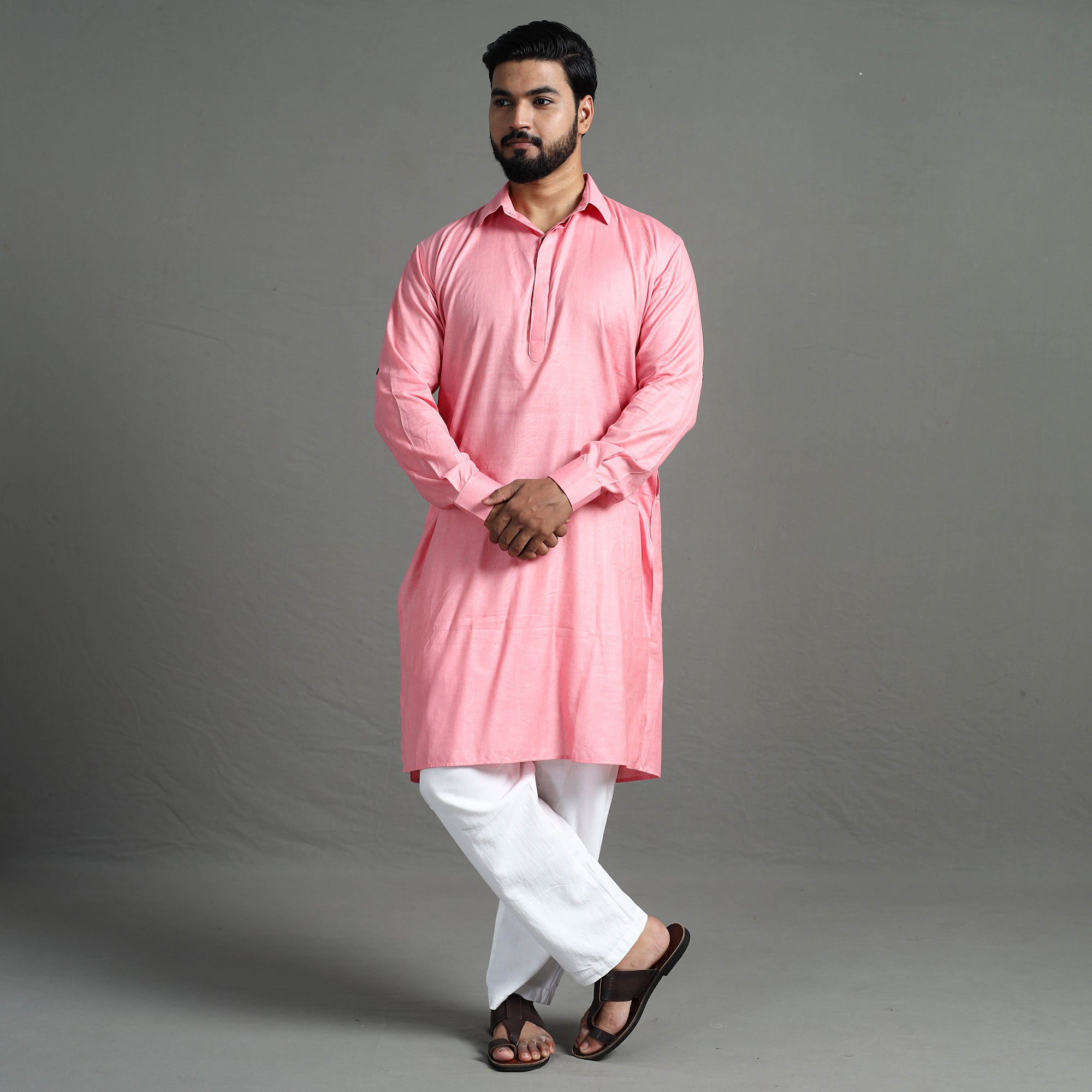 ITOKRI CASUALS Baby Pink - Linen Viscose Plain Men Long Pathani Kurta - view 2