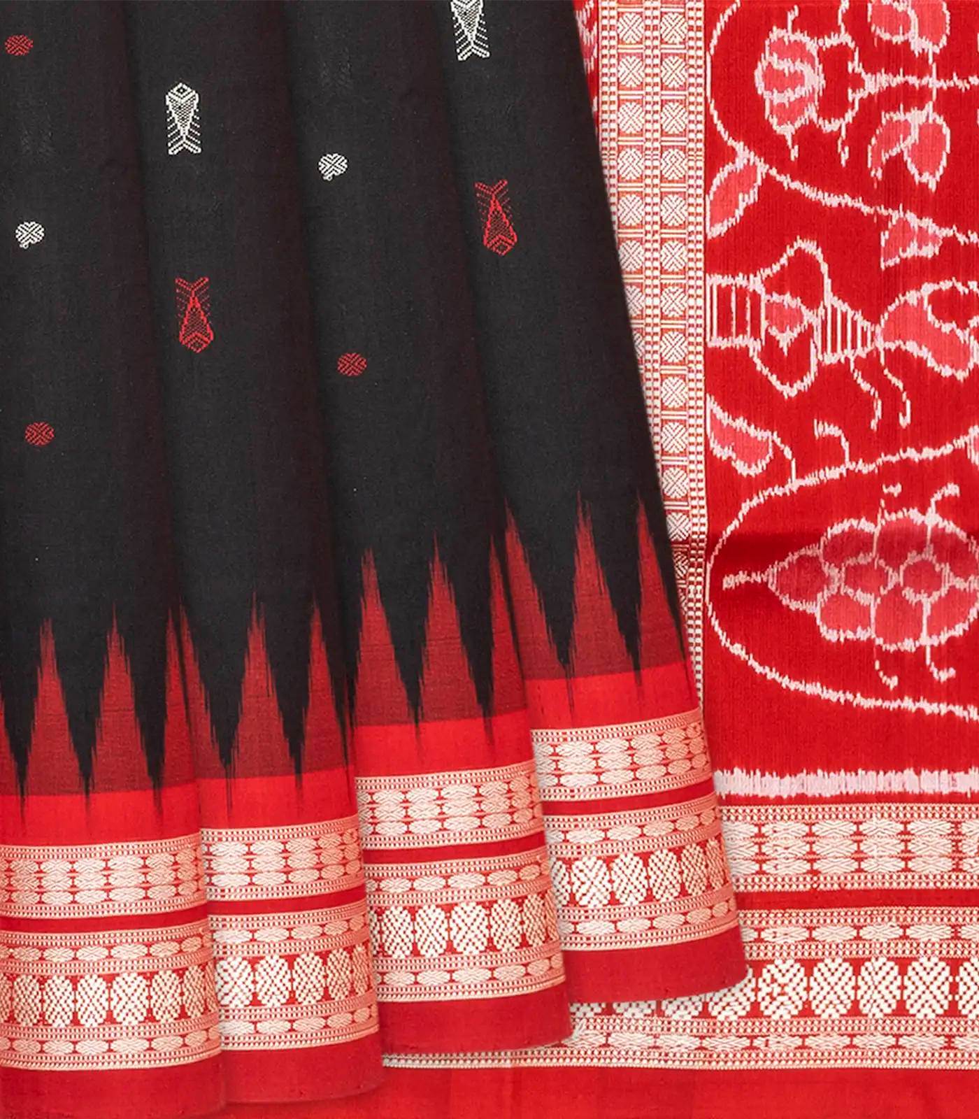 RmKV Black Handloom Orissa Ikat Silk Saree With Red Border-Black