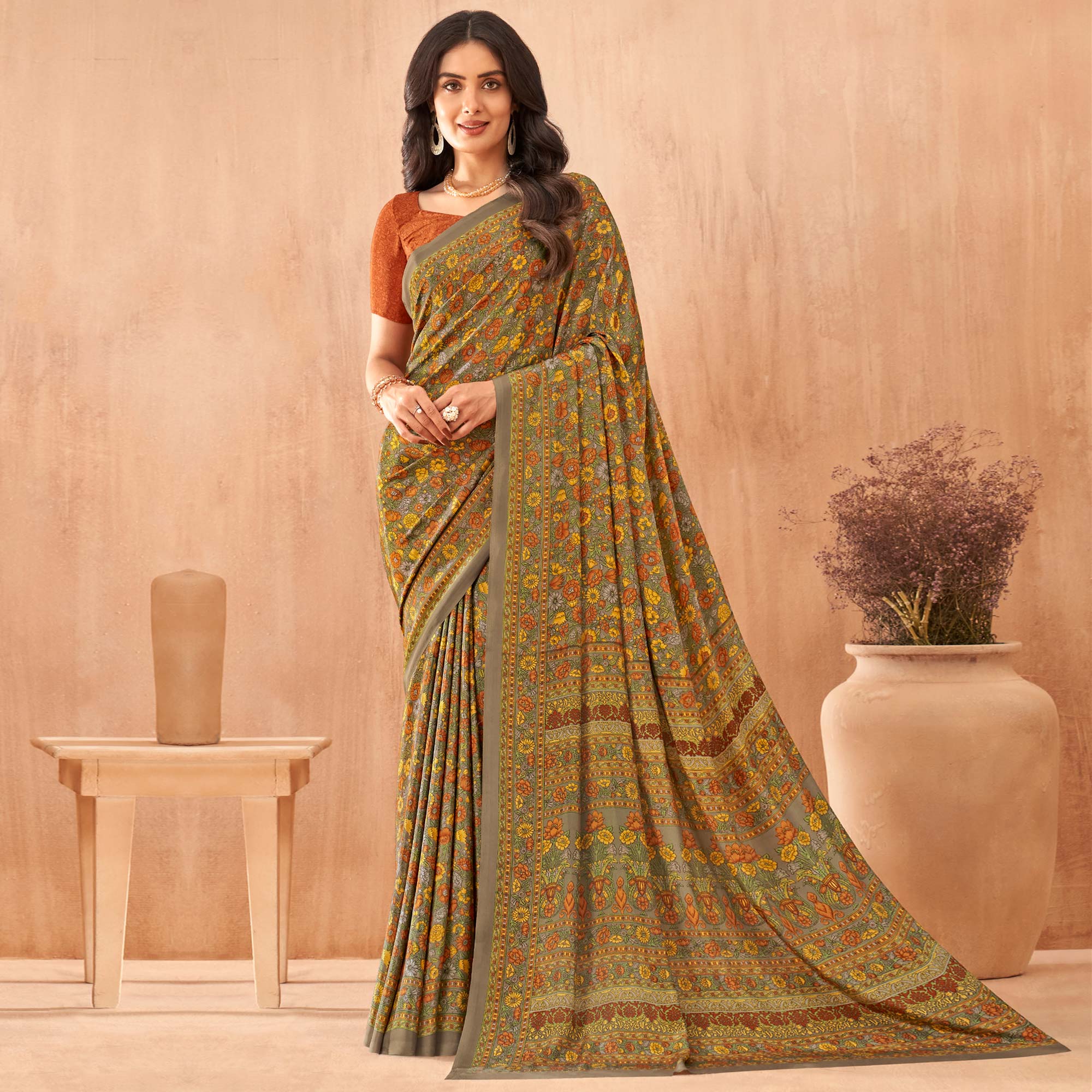 Peachmode Multicolor Floral Printed Crepe Saree