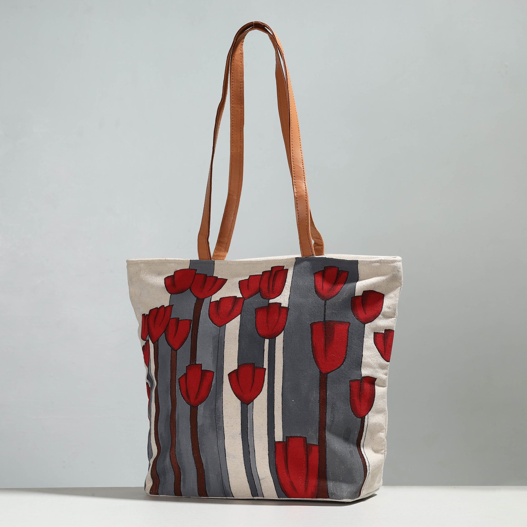 KHUSHBASH - HAPPY LOOM OF EAST Beige - Red Flower - Handpainted Canvas Cotton Shoulder Bag 01
