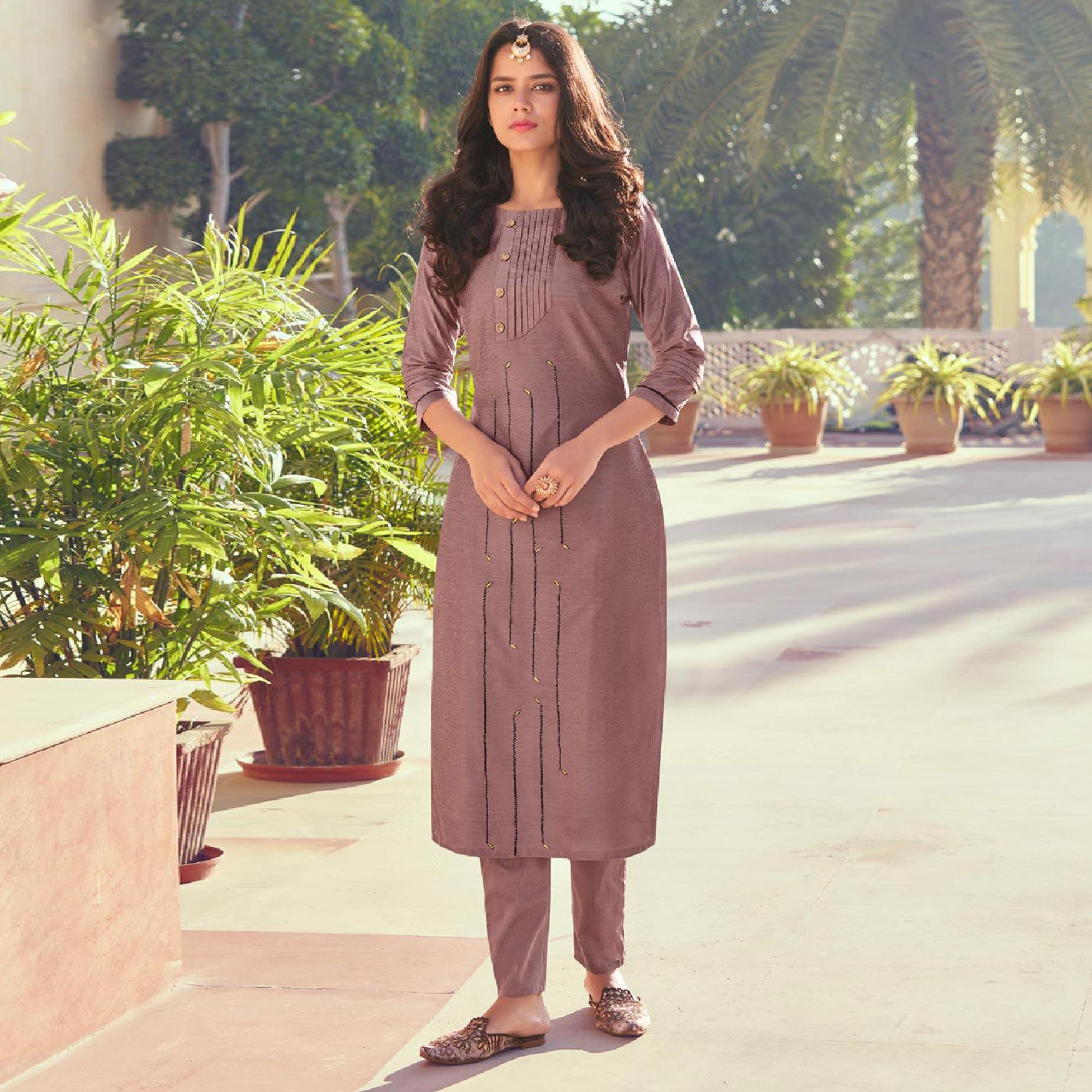 Peachmode Seller Mauve Embroidered Viscose Kurti Pant Set - view 2