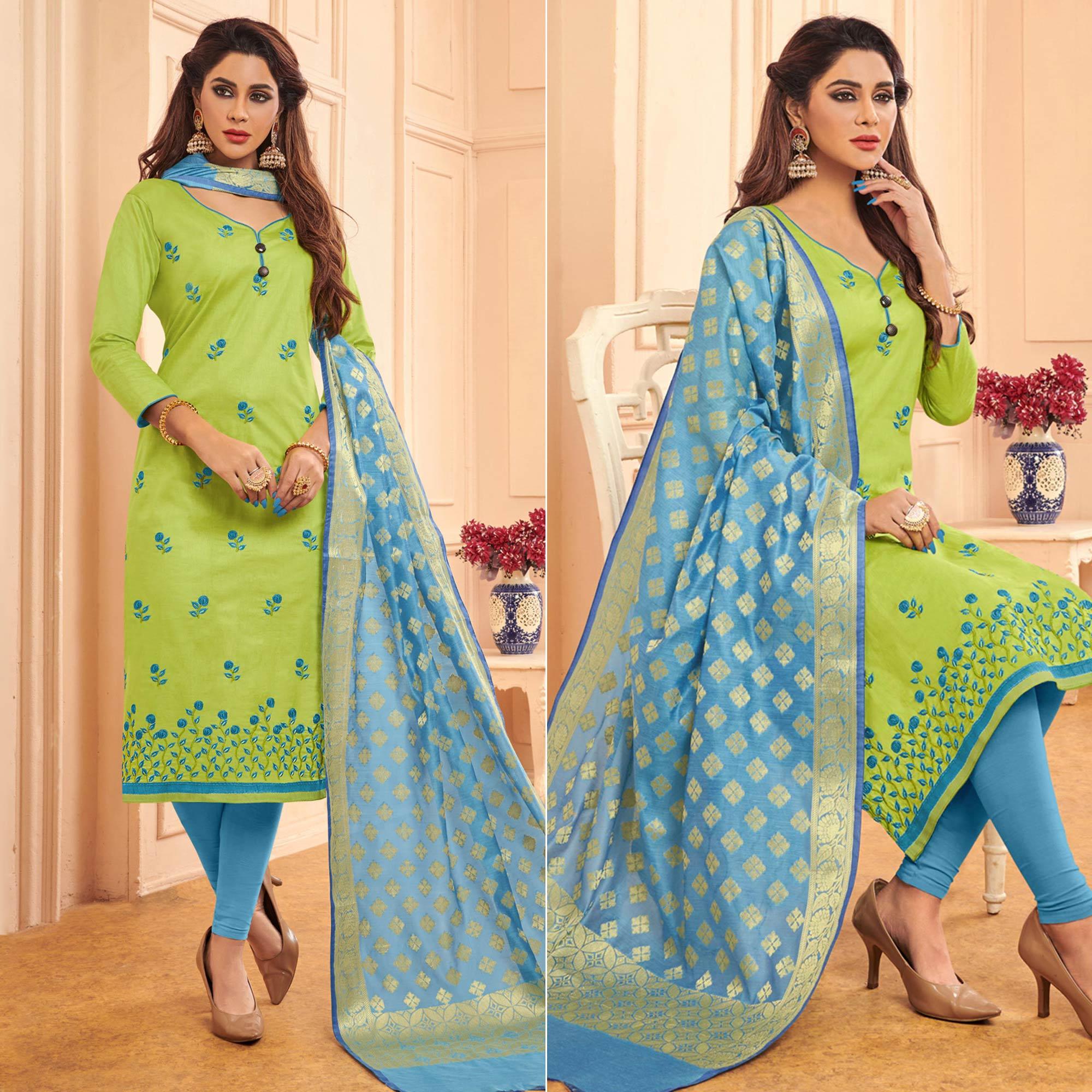 Peachmode Light Green Embroidered Pure Cotton Dress Material