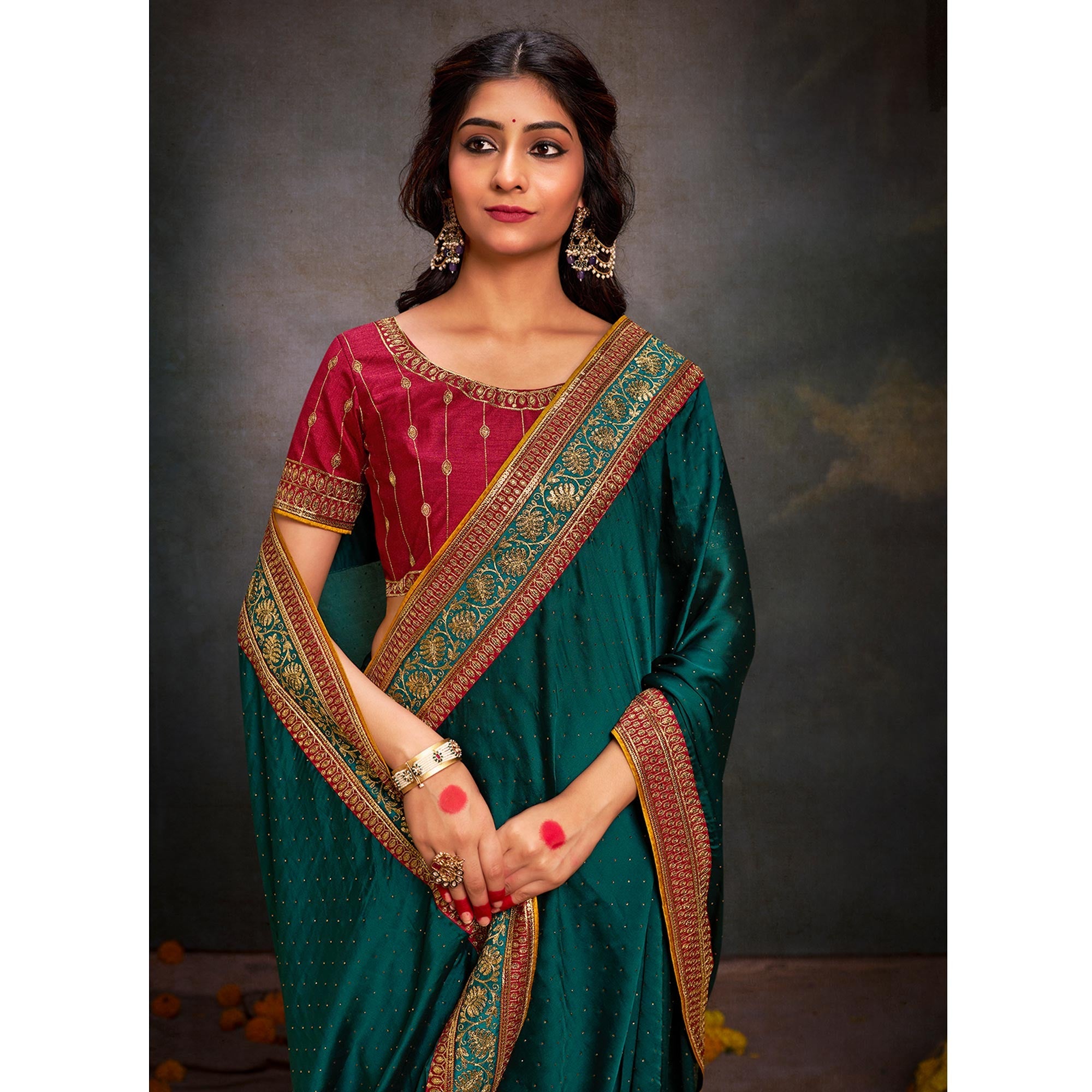 Peachmode Dark Rama Green Swarovski Work Satin Saree With Tassels - view 4