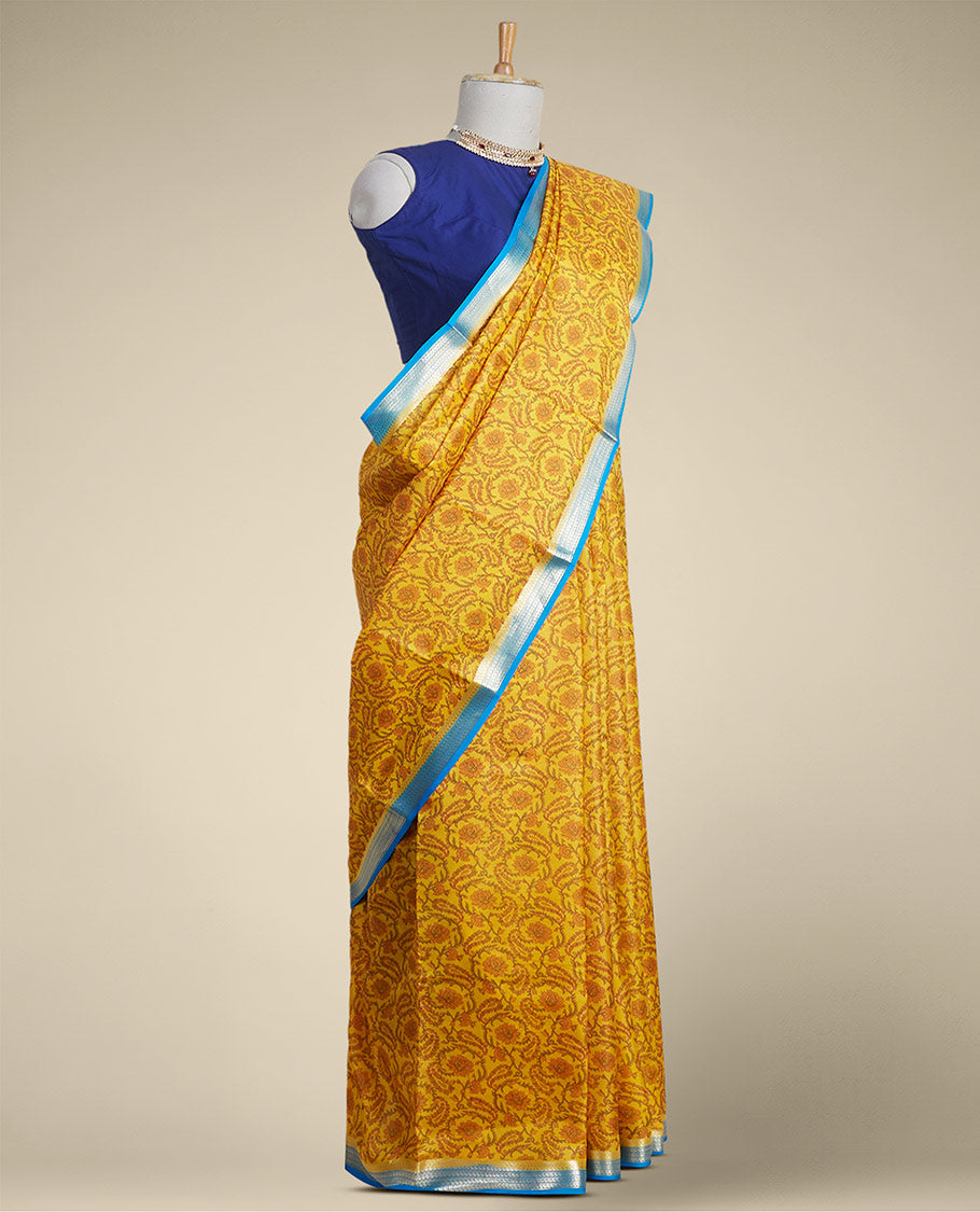 Pothys Yellow floral vine design printed silk saree with contrast striped zari border - view 2