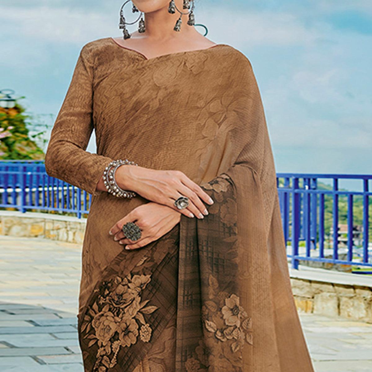 Peachmode Coffee Brown Printed Georgette Saree - view 2