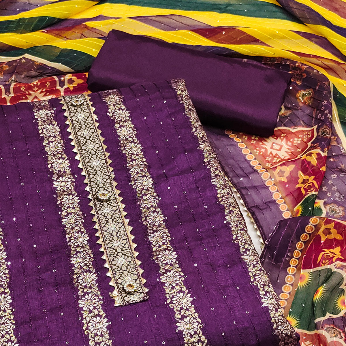 Peachmode Dark Purple Woven Banarasi Silk Dress Material - view 2