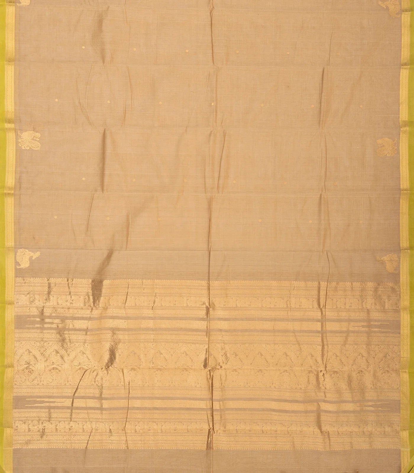 RmKV Taupe Handloom Kanchi Cotton Saree With Annam Buttas & Green Border. - view 2