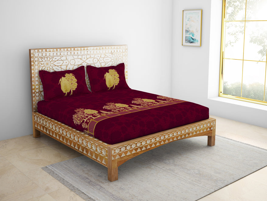 Spaces India Floral Pichwai Cerise - Dark Pink 100% Cotton King Size Bedsheet - Gold - Rangana By Spaces - view 2