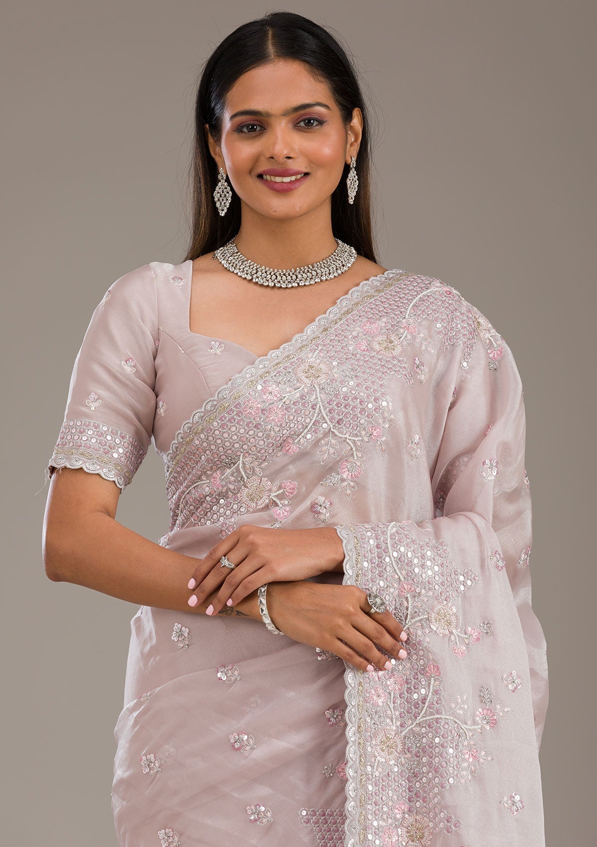 Koskii Light Grey Sequins Tissue Saree – Women's - view 9