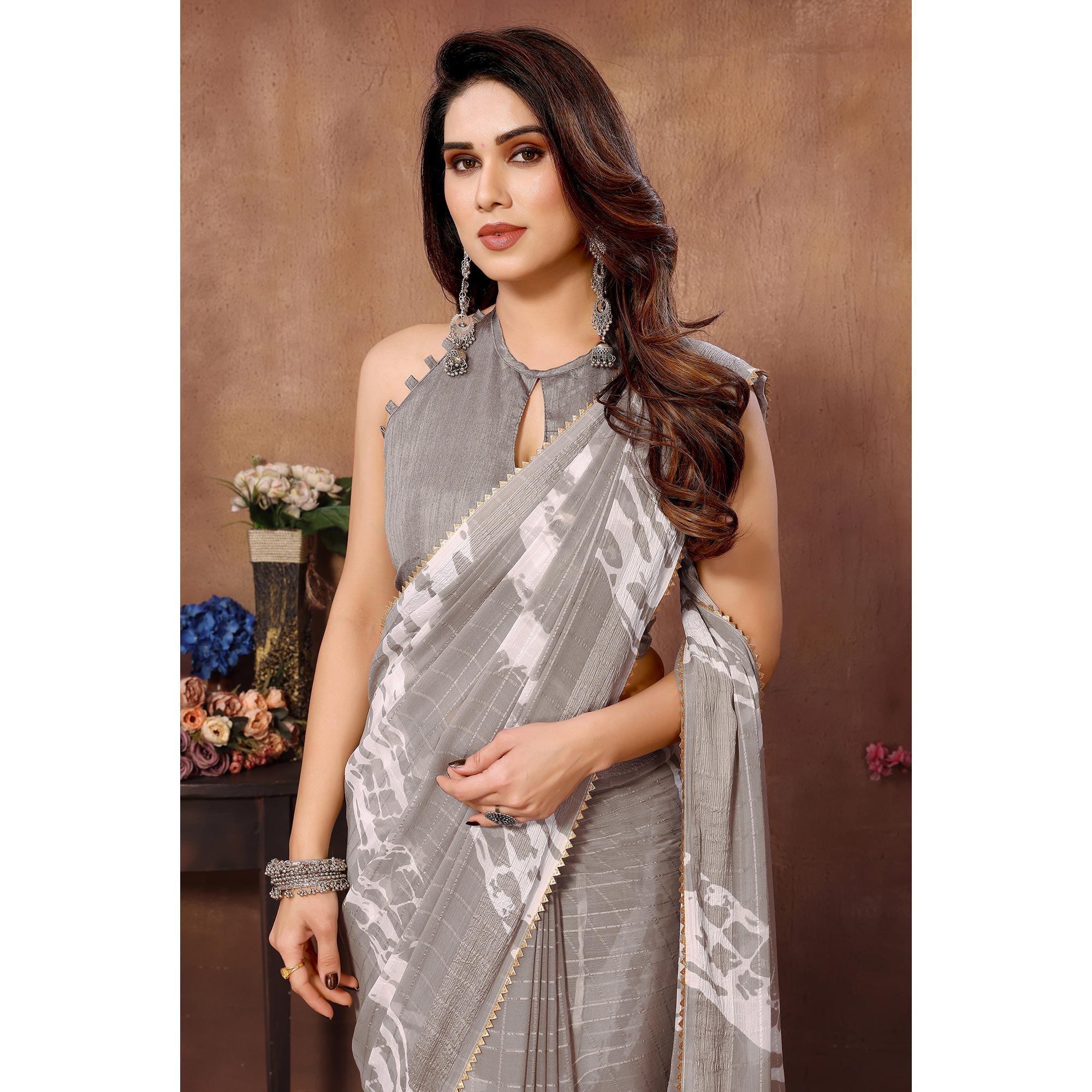 Peachmode Seller Light Grey Woven With Printed Ready To Wear Georgette Saree - view 7