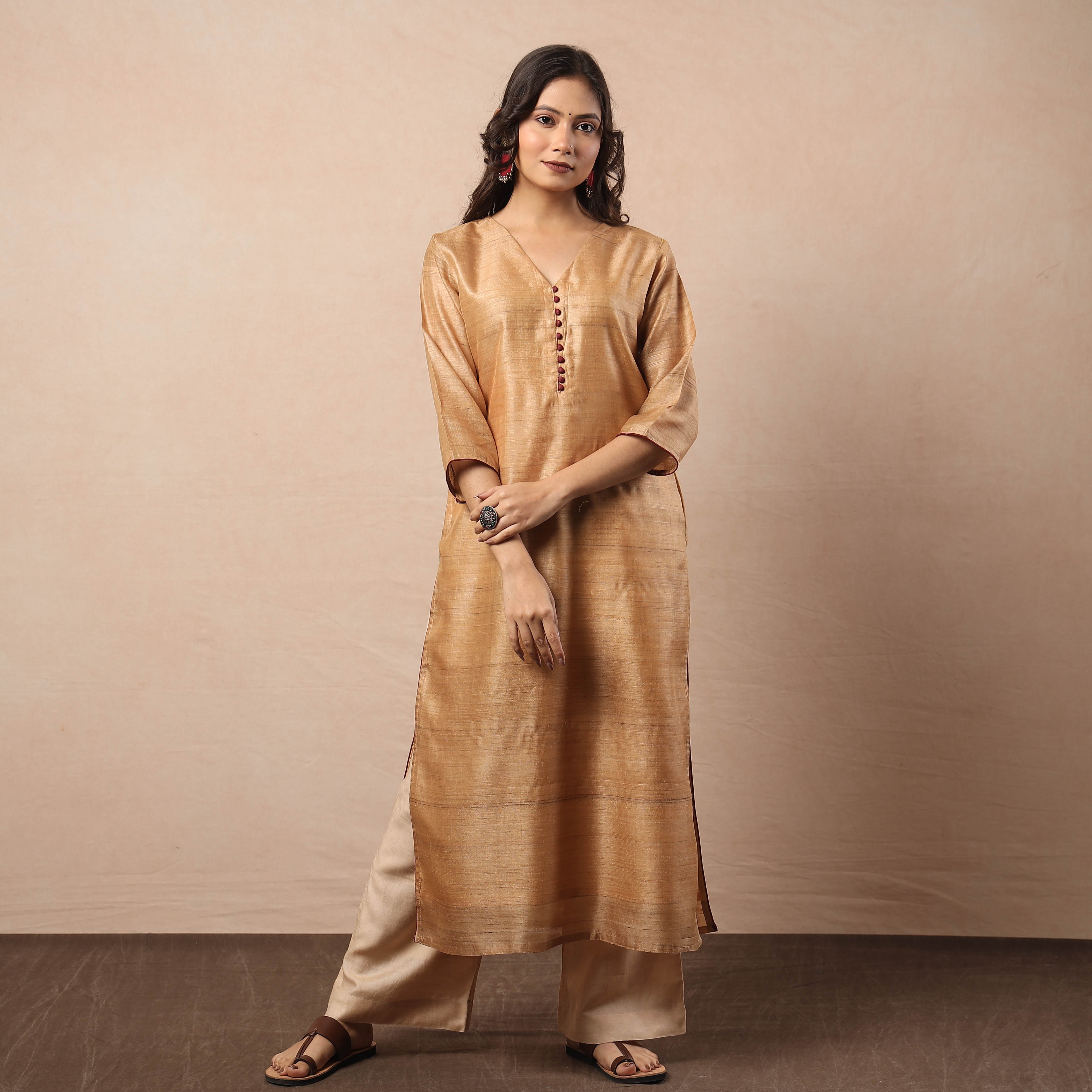 ITOKRI CASUALS Beige - Bhagalpuri Handwoven Desi Tussar Silk Long Kurta - view 2