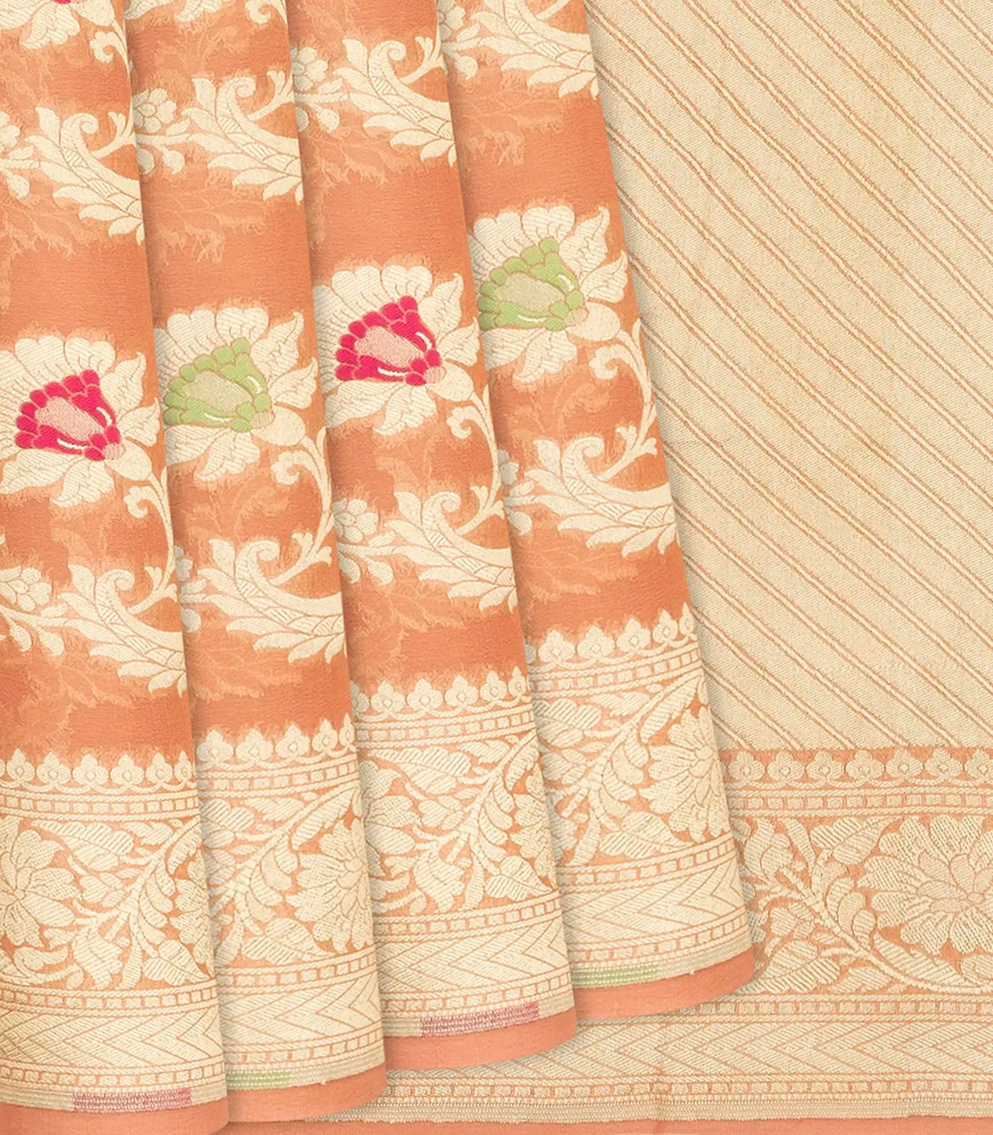 RmKV Peach Handloom Banarasi Khaddi Georgette Saree With Meena Floral Motifs-Peach