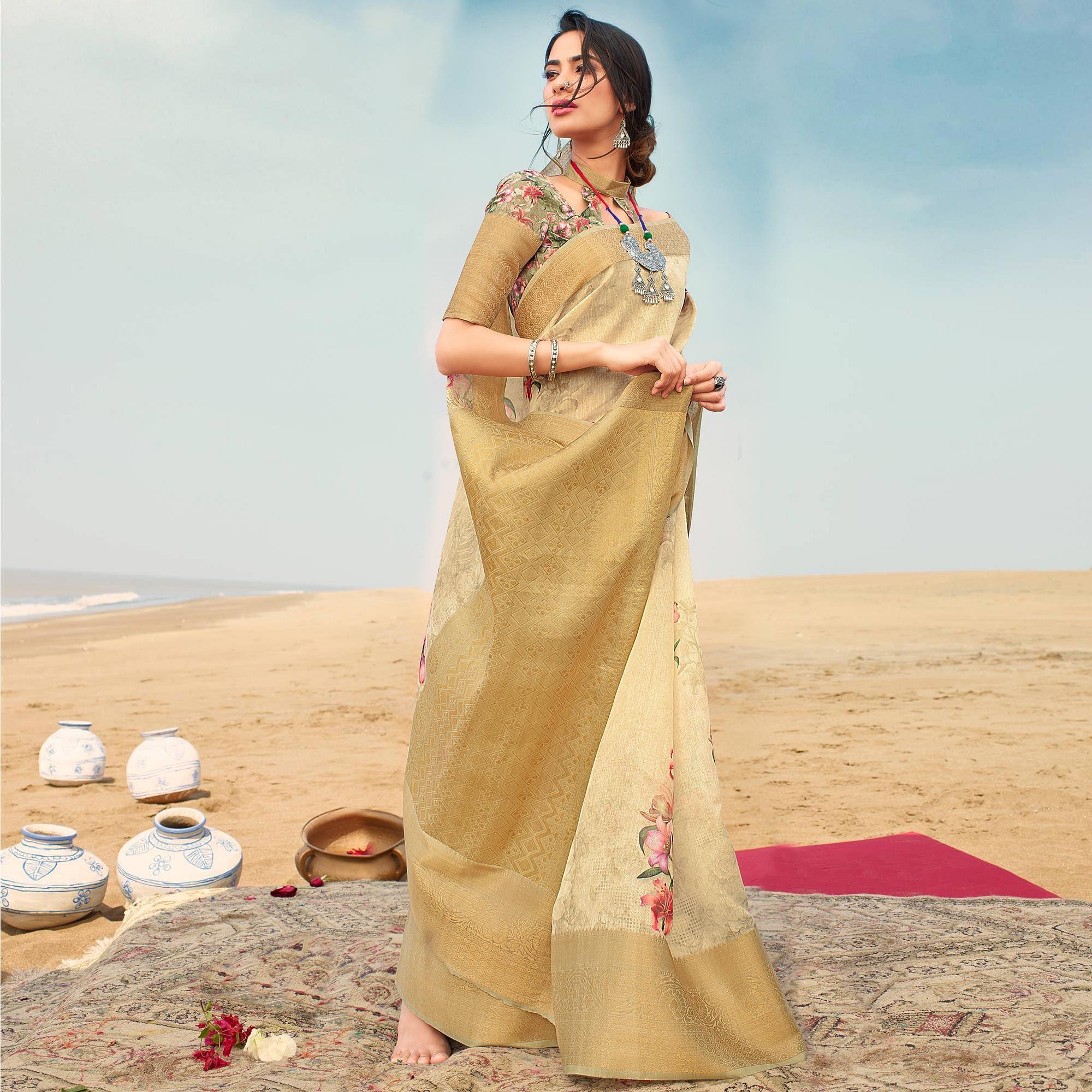 Peachmode Hypnotic Yellow Colored Festive Wear Digital Floral Printed Linen Saree