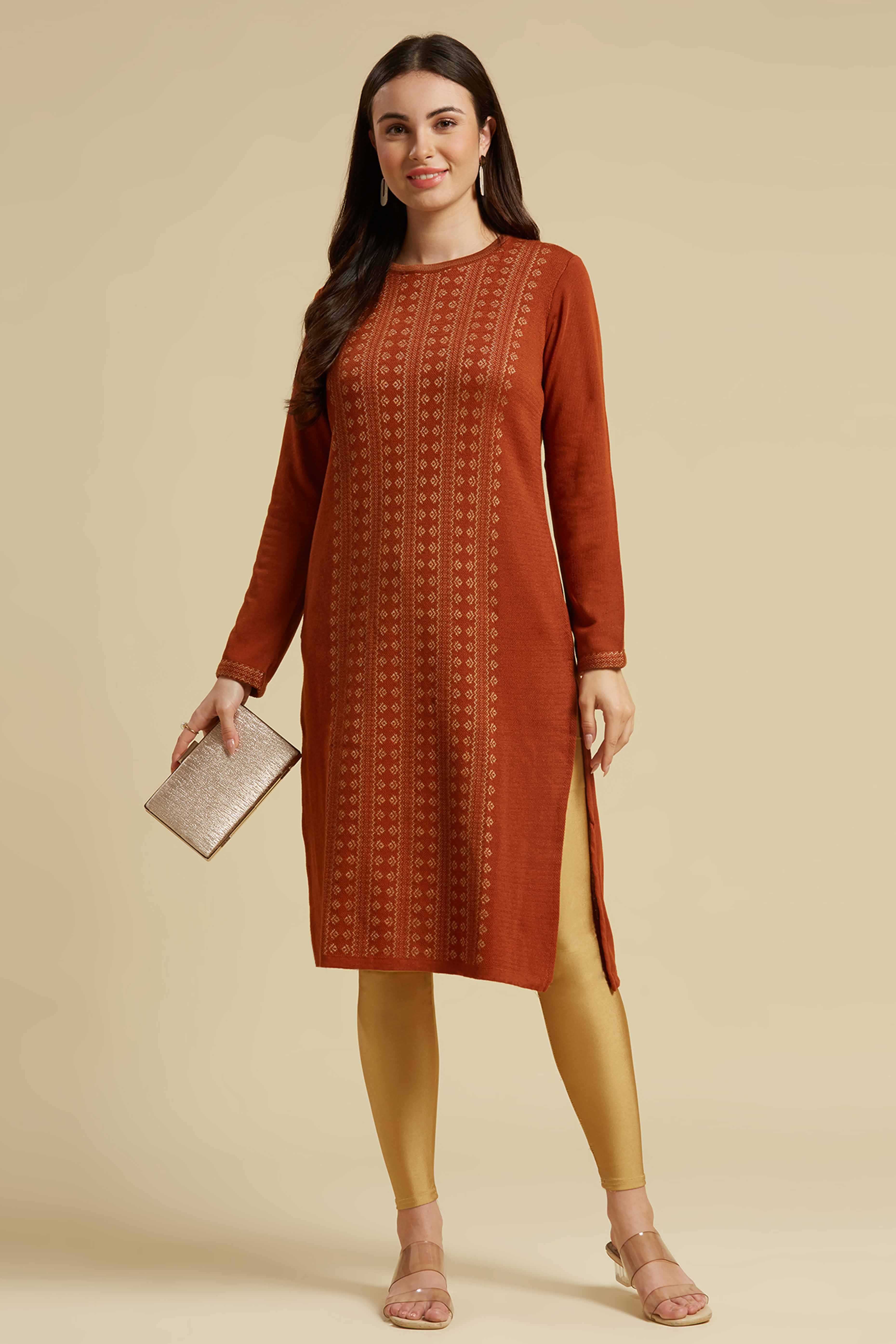 Peachmode Dark Rust Woolen Straight Kurti – Women's