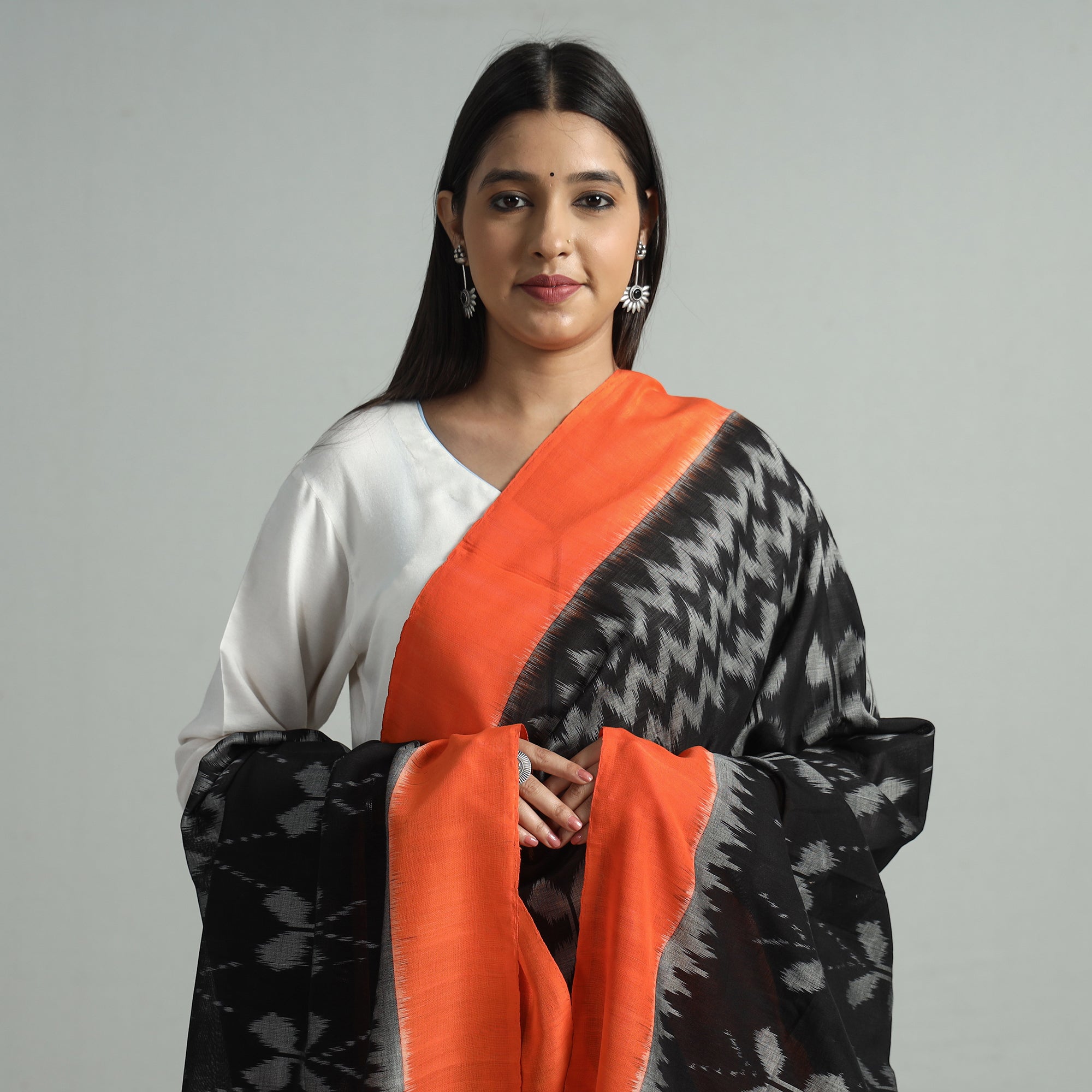 IKAT WEAVES BY EDEM CHANDANA Black - Pochampally Ikat Handloom Cotton Dupatta with Tassels 15 - view 3