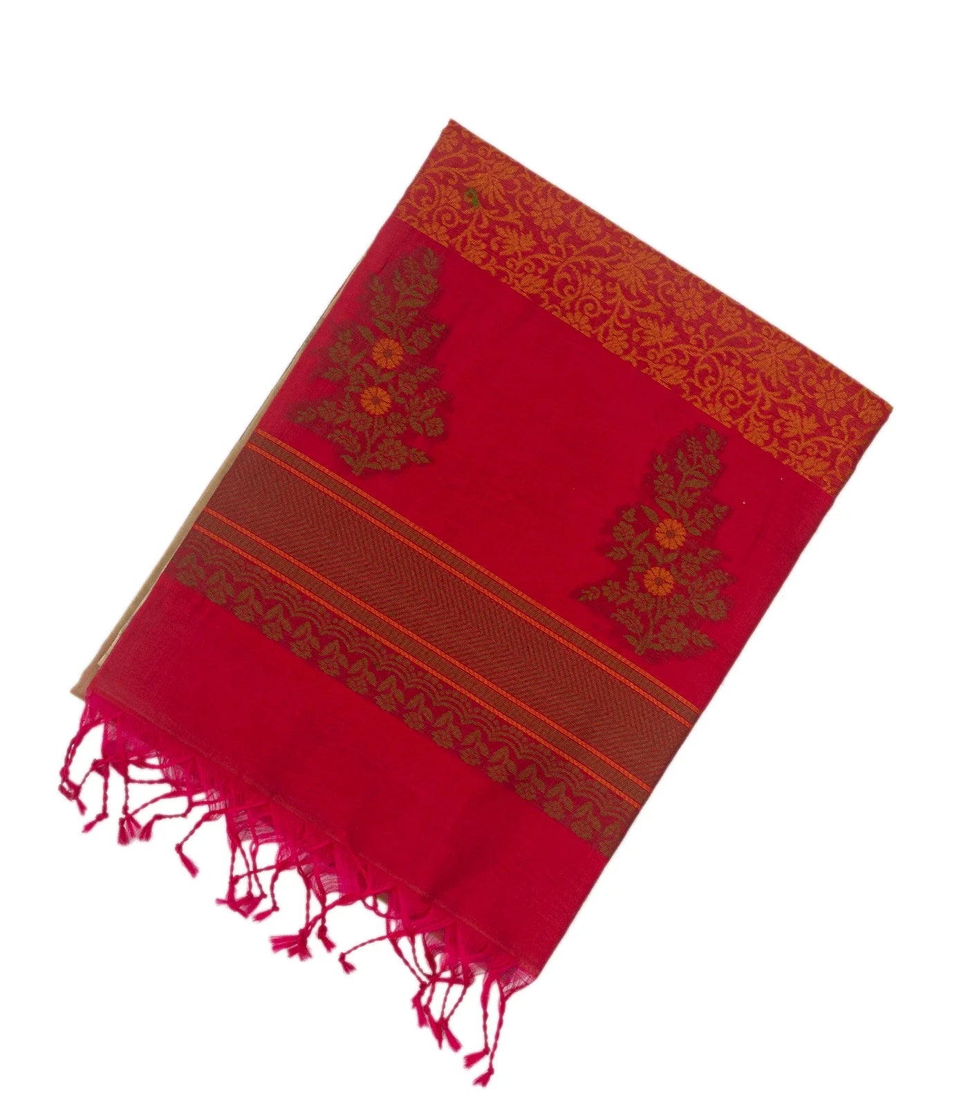 RmKV Taupe Handloom Kora Silk Cotton Saree With Buttas & Pink Pallu