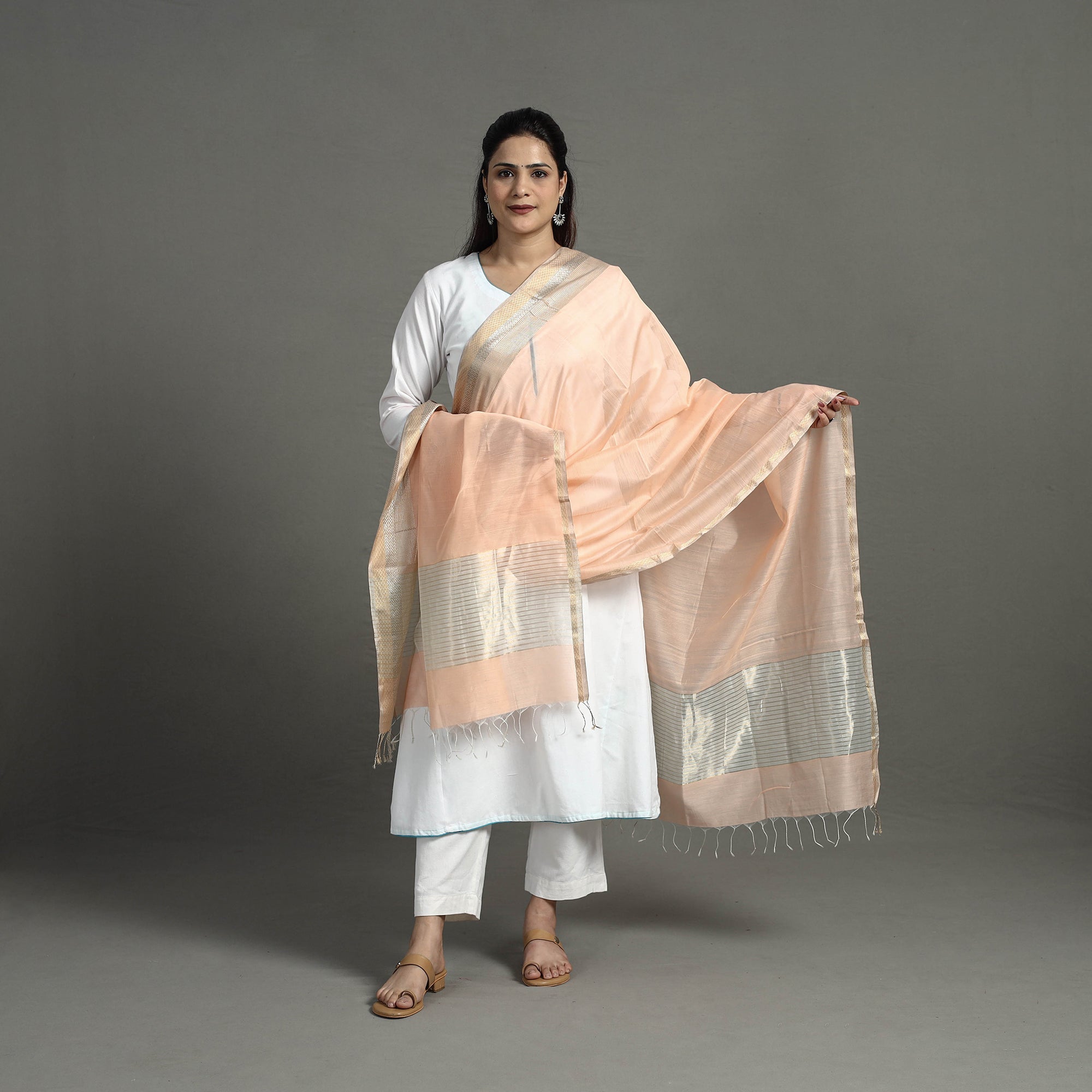ITOKRI CRAFTS INITIATIVE Brown - Handloom Silk Cotton Zari Work Maheshwari Dupatta 37 - view 2