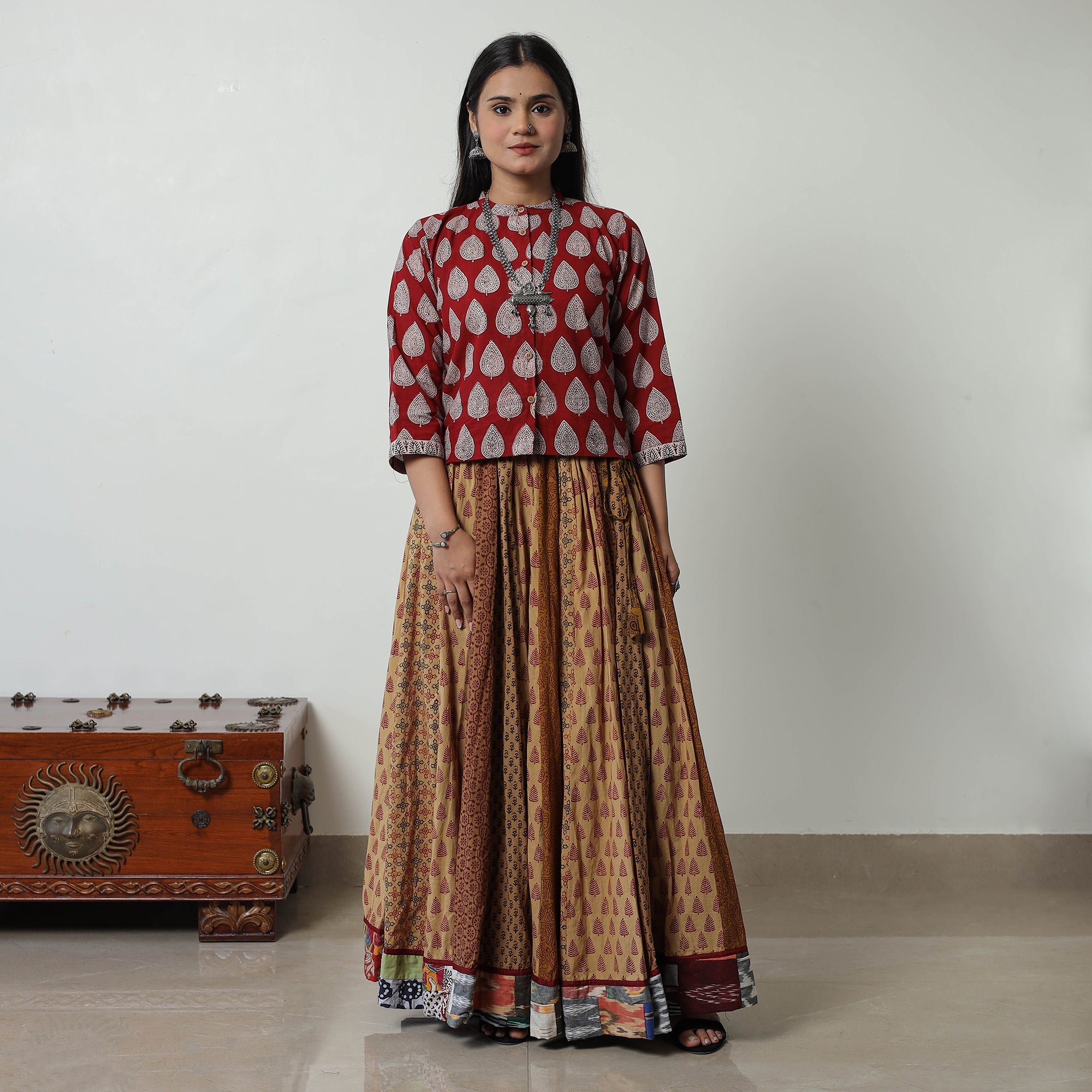 NOORI BAZAR Brown - Bagh Print Skirt with 24 Kali Patchwork 19