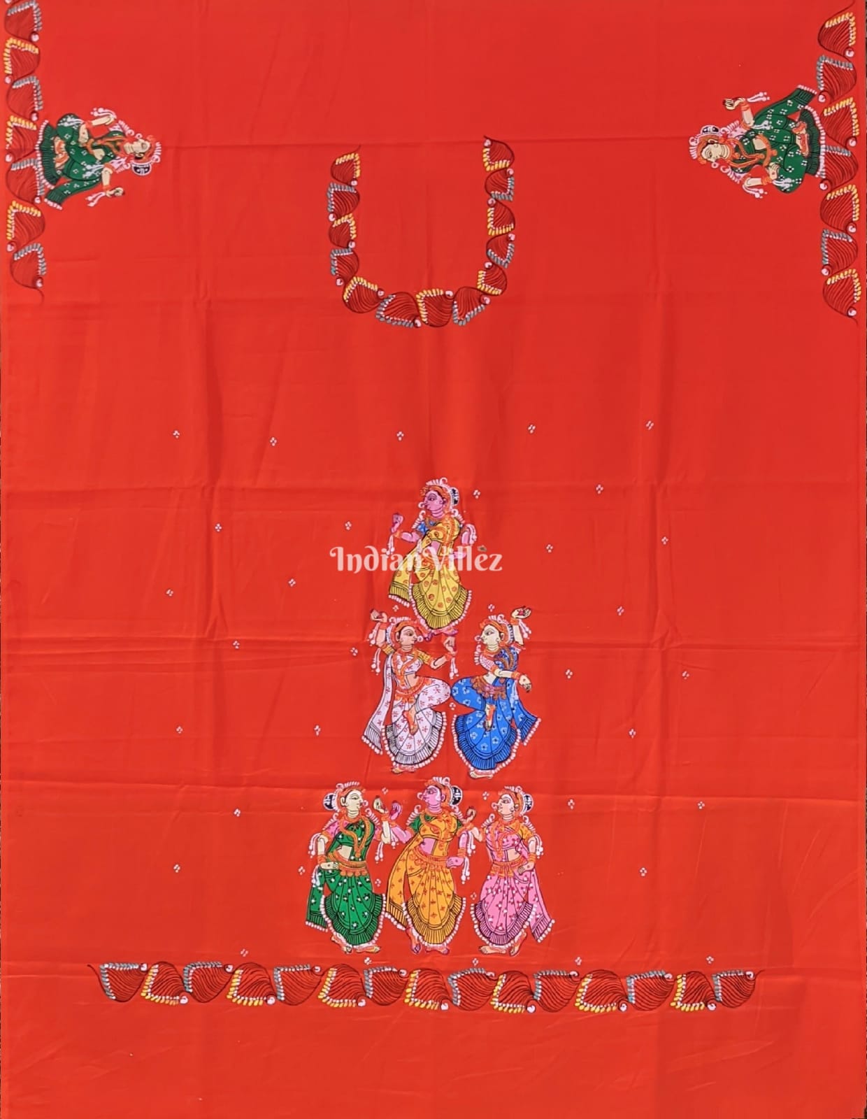 IndianVillèz Orange Nartaki Pattachitra Art Kurti Cotton Dress Material