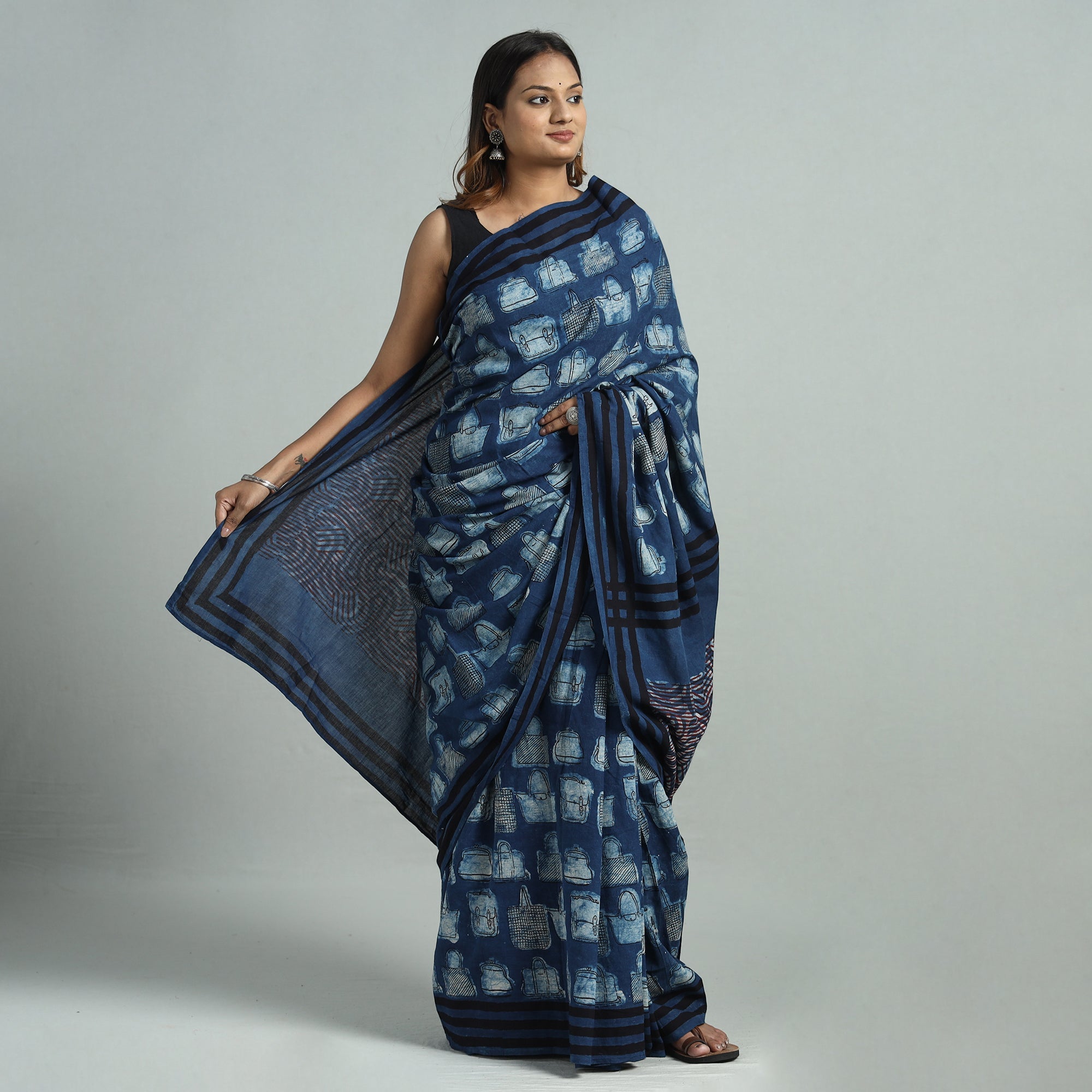 BINDAAS UNLIMITED Blue - Bindaas Art Block Printed Natural Dyed Cotton Saree 11 - view 2