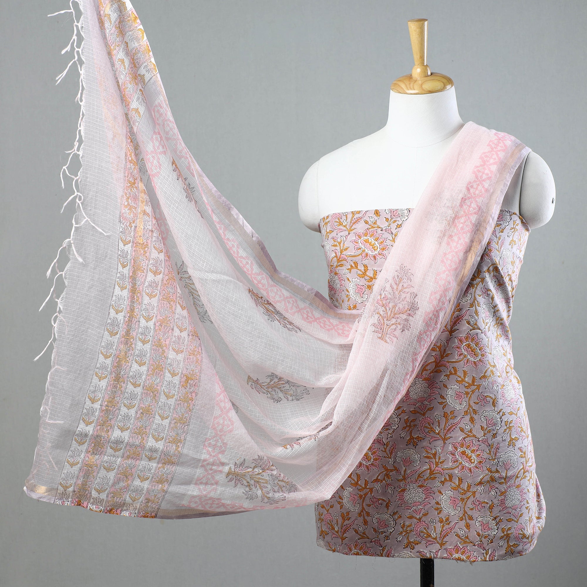 KUSUMLATA 3pc Sanganeri Block Printed Cotton Suit Material with Kota Doria Dupatta 16